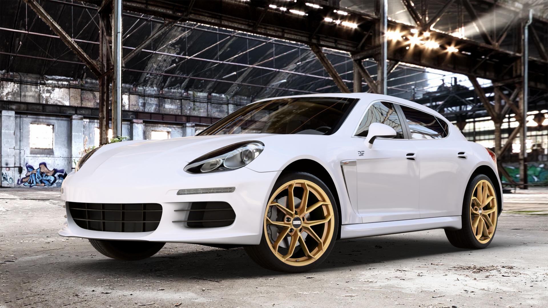 Fondmetal ZELOS MATT GOLD Felge mit Reifen in 21Zoll Winterfelge Alufelge auf weissem Porsche Panamera Typ 970 Facelift ⬇️ mit 15mm Tieferlegung ⬇️ Old Industrial Hall_max_4400mm_2024 Frontansicht_1