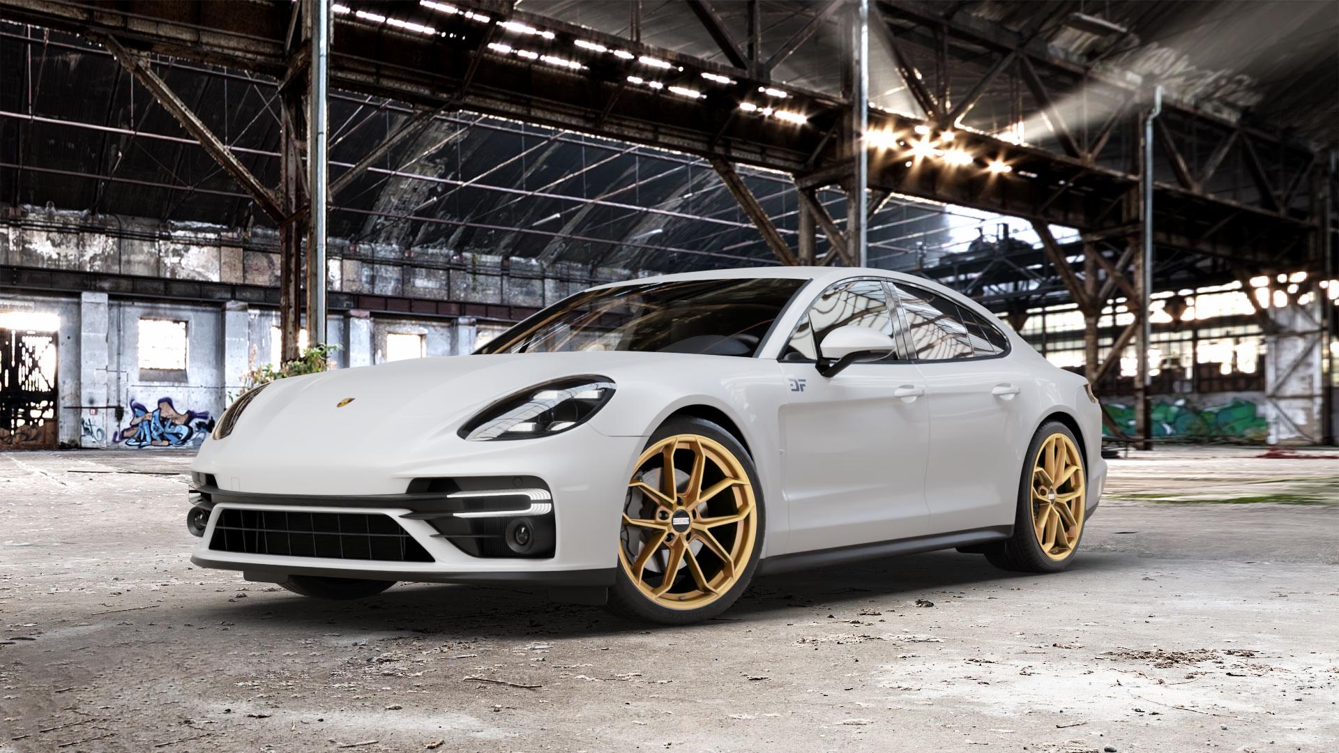Fondmetal ZELOS MATT GOLD Felge mit Reifen in 21Zoll Winterfelge Alufelge auf weissem Porsche Panamera Typ 971 Facelift ⬇️ mit 15mm Tieferlegung ⬇️ Old Industrial Hall_max_5300mm_2024 Frontansicht_1