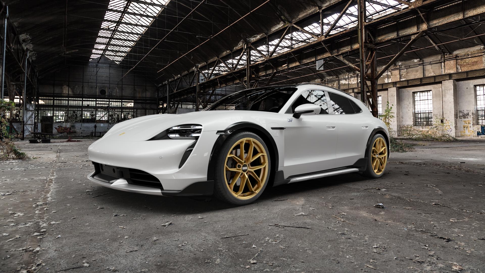 Fondmetal ZELOS MATT GOLD Felge mit Reifen in 21Zoll Winterfelge Alufelge auf weissem Porsche Taycan Cross Turismo Typ Y1A ⬇️ mit 15mm Tieferlegung ⬇️ Old Industrial Hall_max5000mm_2022 Frontansicht_1
