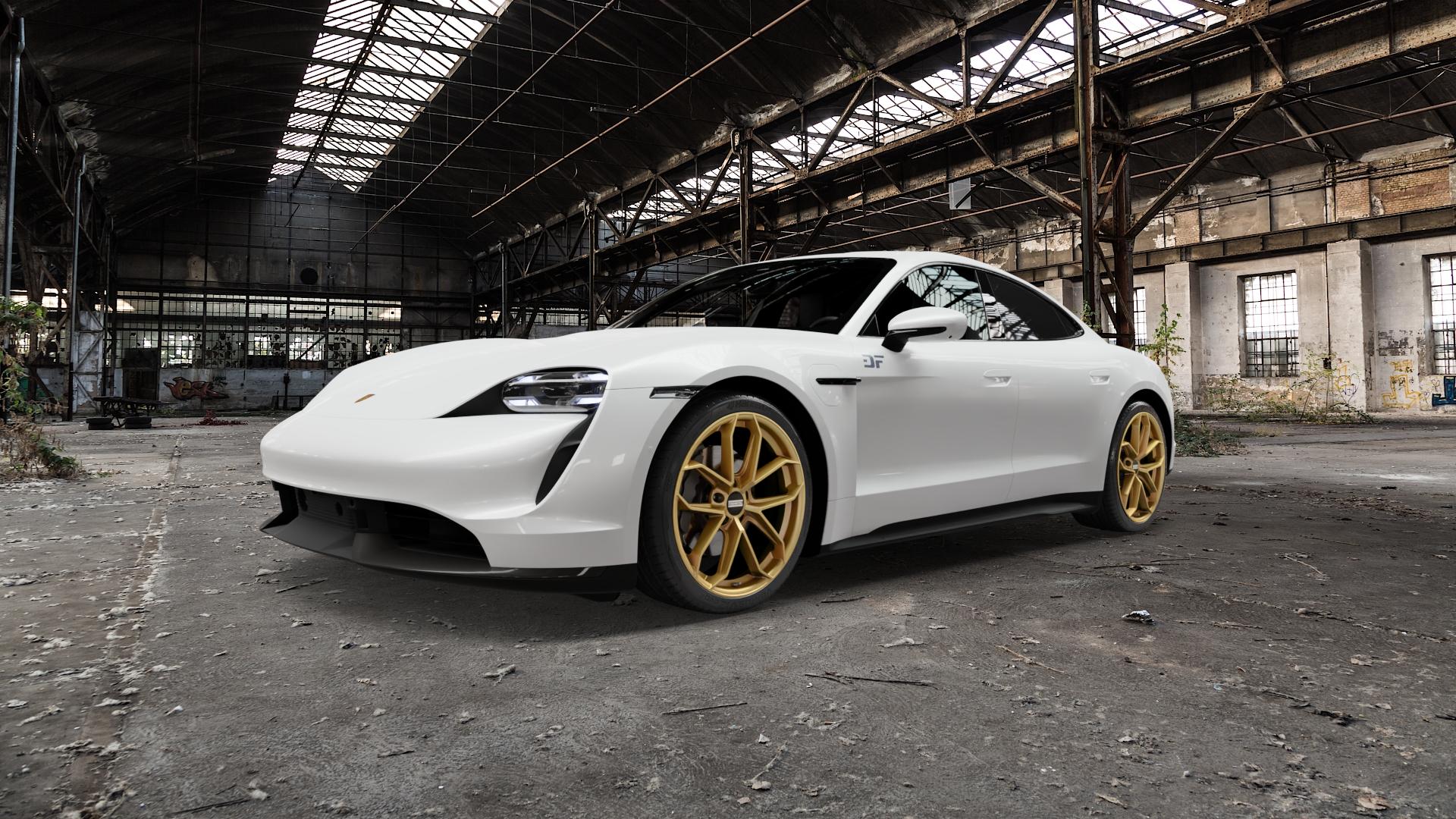 Fondmetal ZELOS MATT GOLD Felge mit Reifen in 21Zoll Winterfelge Alufelge auf weissem Porsche Taycan Typ Y1A 0,0l 4S 140kW (190 PS) Turbo 142kW (193 S 113kW (154 ⬇️ mit 15mm Tieferlegung ⬇️ Old Industrial Hall_max5000mm_2022 Frontansicht_1