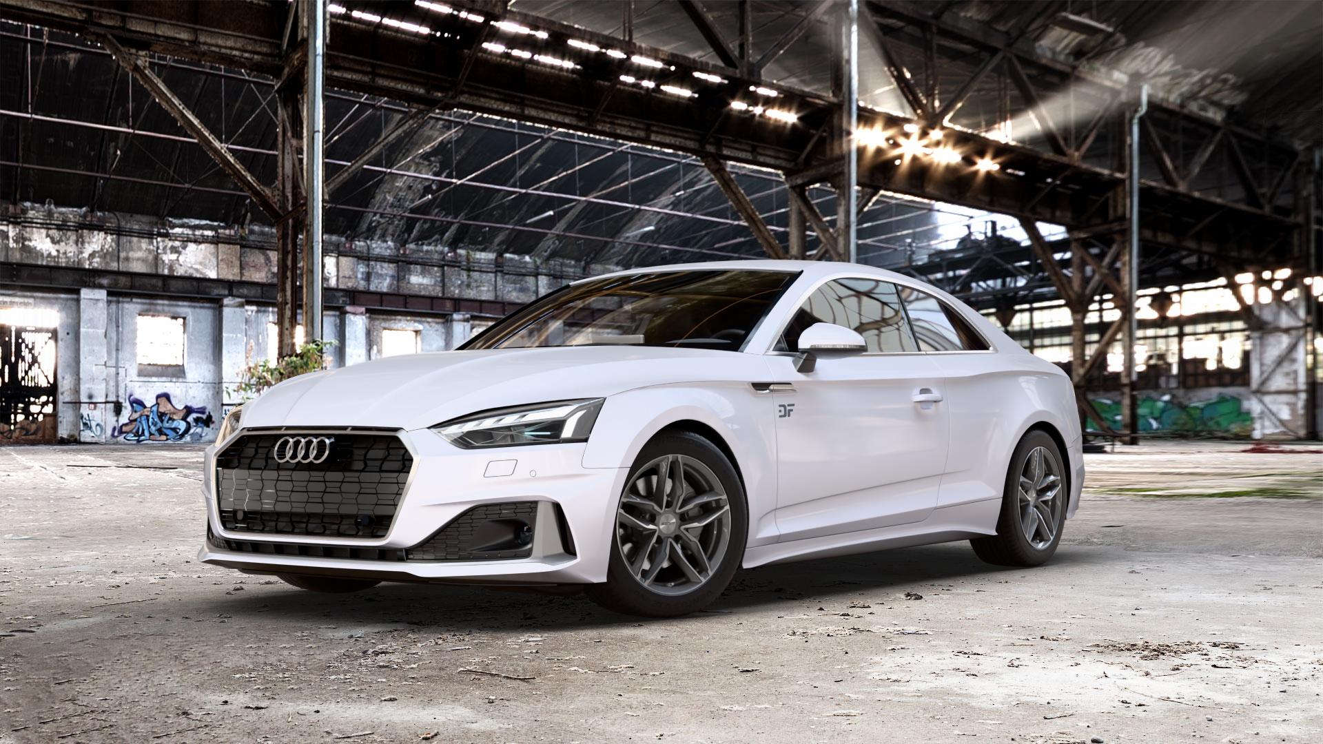 GMP Italia Atom Anthr. diamond Felge mit Reifen grau anthrazit in 17Zoll Winterfelge Alufelge auf weißem Audi A5 Typ B9 (Coupé) Facelift ⬇️ mit 15mm Tieferlegung ⬇️ Old Industrial Hall_max_5300mm_2024 Frontansicht_1