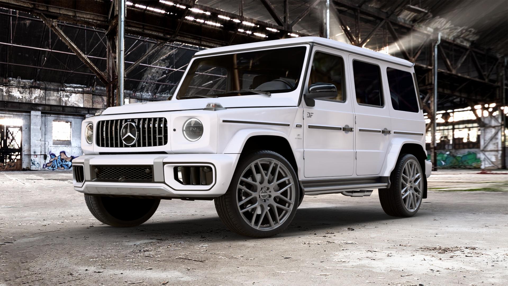 GMP Italia Berghem Anthracite matt Felge mit Reifen grau anthrazit in 23Zoll Winterfelge Alufelge auf weissem Mercedes G-Klasse Typ W465 3,0l G 450d 270kW Mild-Hybrid (367 PS) 500 330kW (449 0,0l 580 EQ 223kW (303 4,0l 63 AMG 430kW (585 ⬇️ mit 15mm Tieferlegung ⬇️ Old Industrial Hall_max_5300mm_2024 Frontansicht_1