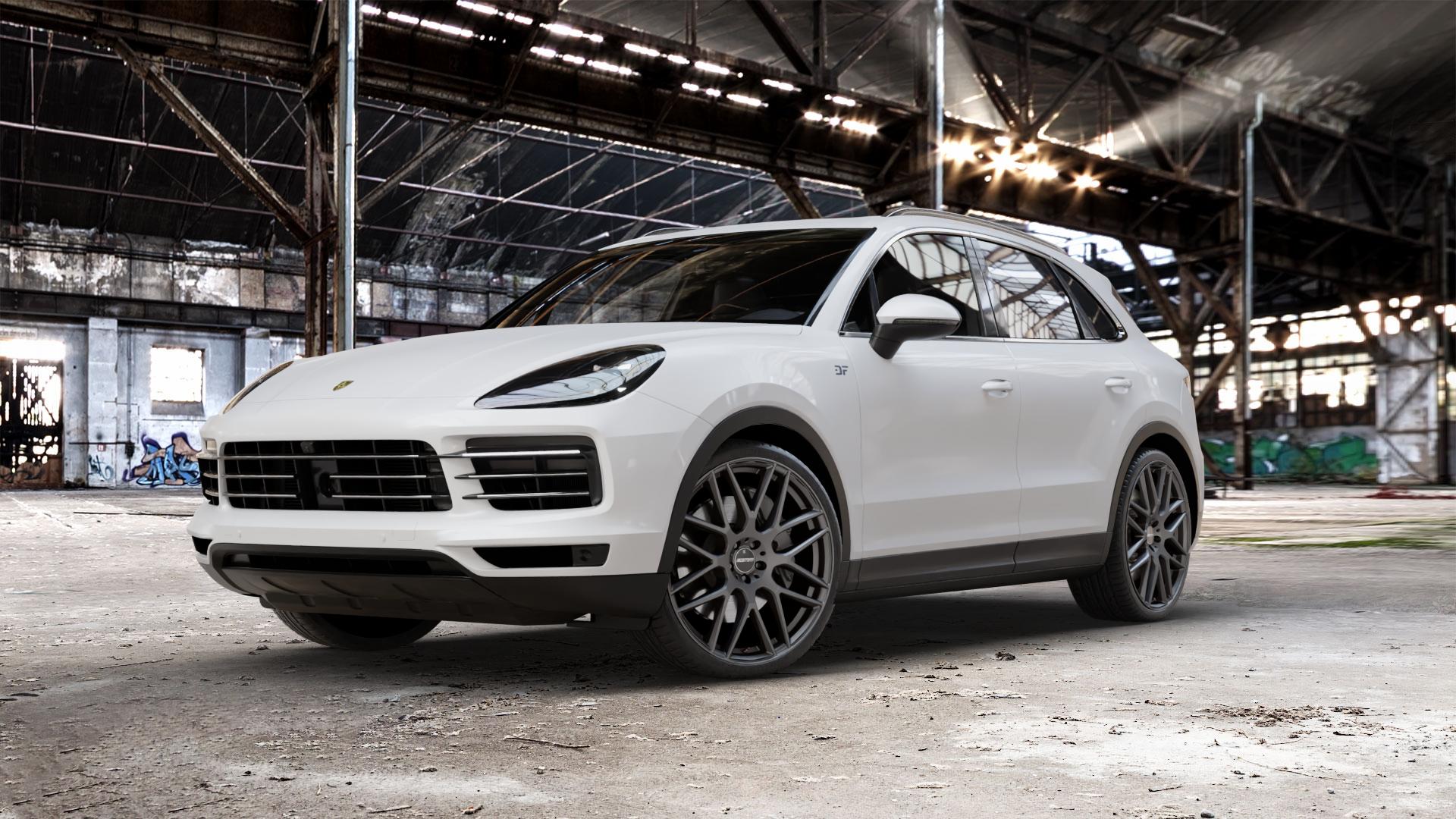 GMP Italia Berghem Anthracite matt Felge mit Reifen grau anthrazit in 23Zoll Winterfelge Alufelge auf weissem Porsche Cayenne III Typ 9YA ⬇️ mit 15mm Tieferlegung ⬇️ Old Industrial Hall_max_5300mm_2024 Frontansicht_1