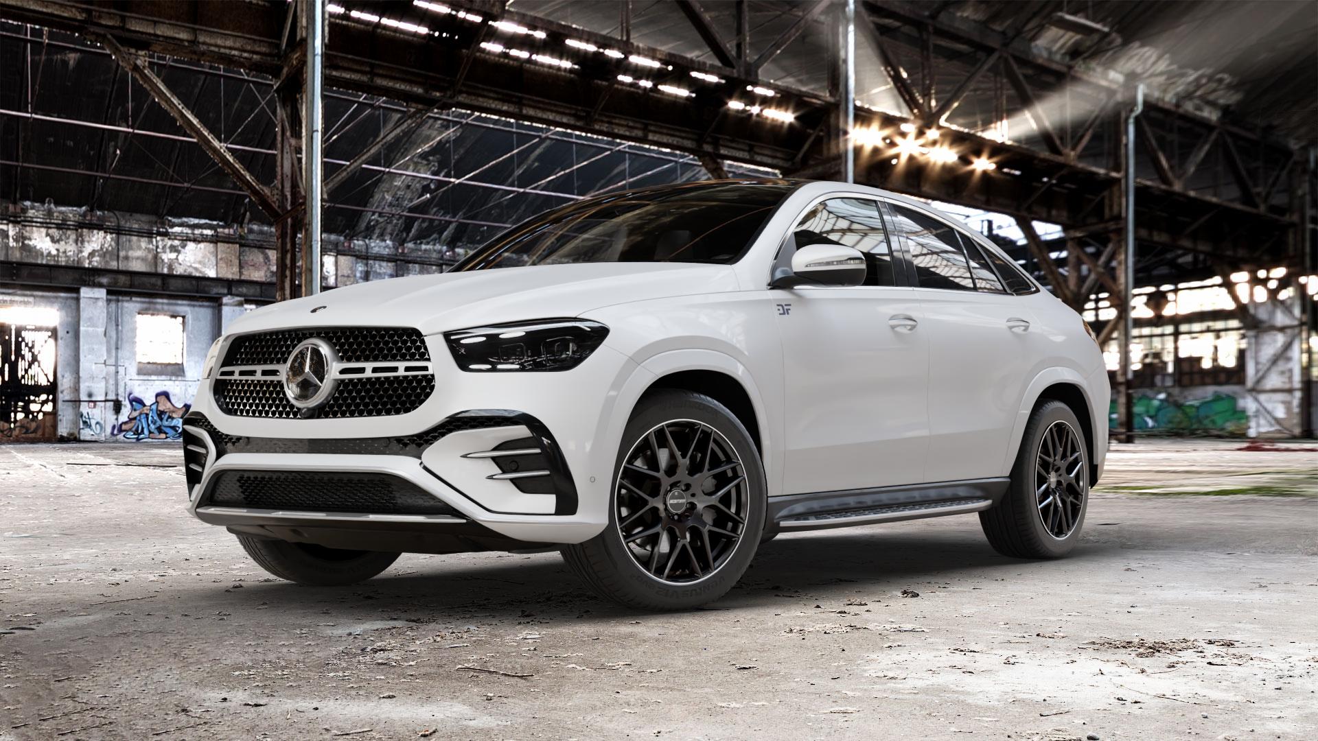 GMP Italia Berghem Black Diamond Lip Felge mit Reifen schwarz in 20Zoll Winterfelge Alufelge auf weissem Mercedes GLE-Klasse Coupe Typ V167 (H1GLE) Facelift ⬇️ mit 15mm Tieferlegung ⬇️ Old Industrial Hall_max_5300mm_2024 Frontansicht_1