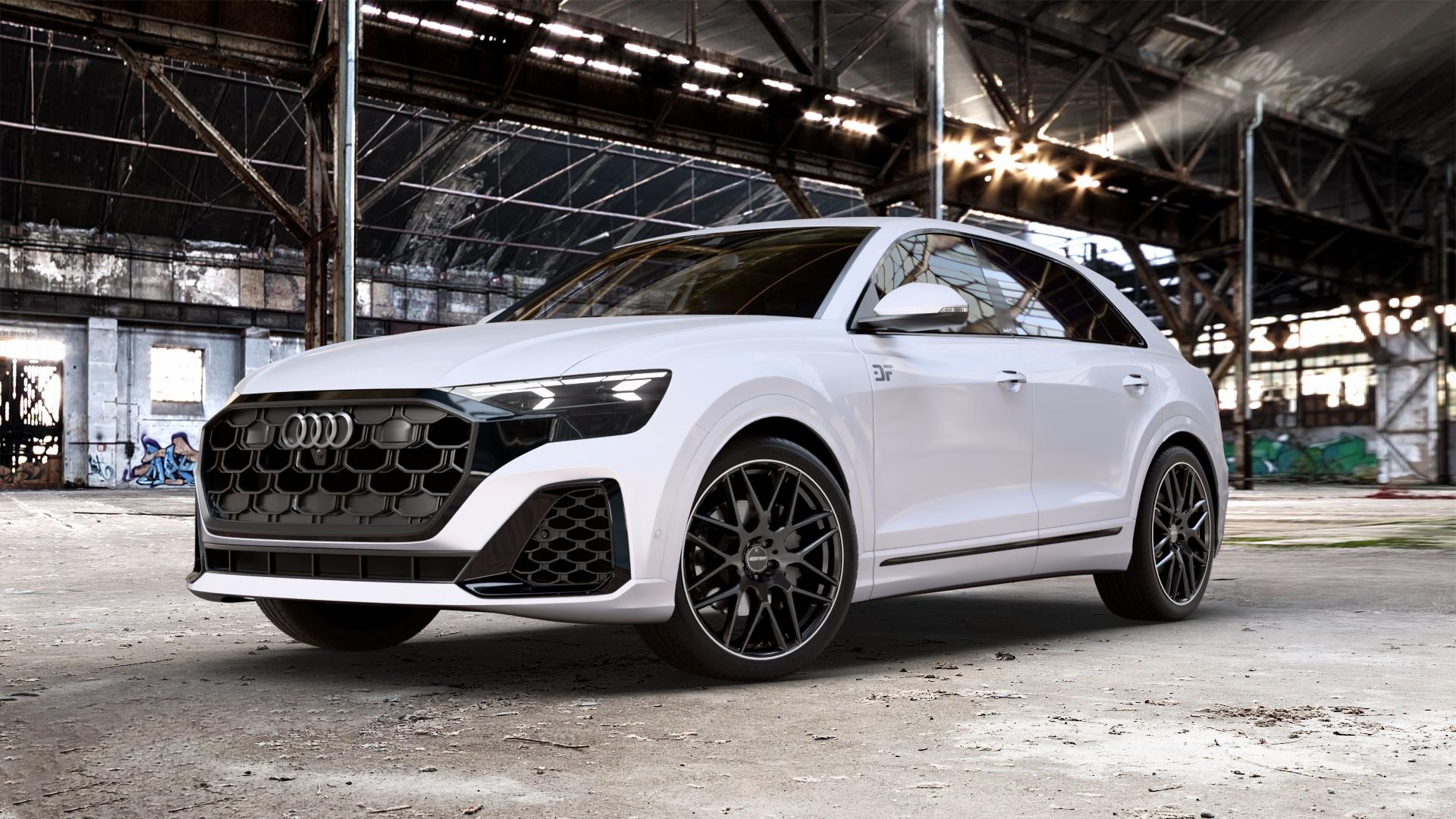 GMP Italia Berghem Black Diamond Lip Felge mit Reifen schwarz in 22Zoll Winterfelge Alufelge auf weißem Audi Q8 Typ 4M (4L) Facelift ⬇️ mit 15mm Tieferlegung ⬇️ Old Industrial Hall_max_5300mm_2024 Frontansicht_1