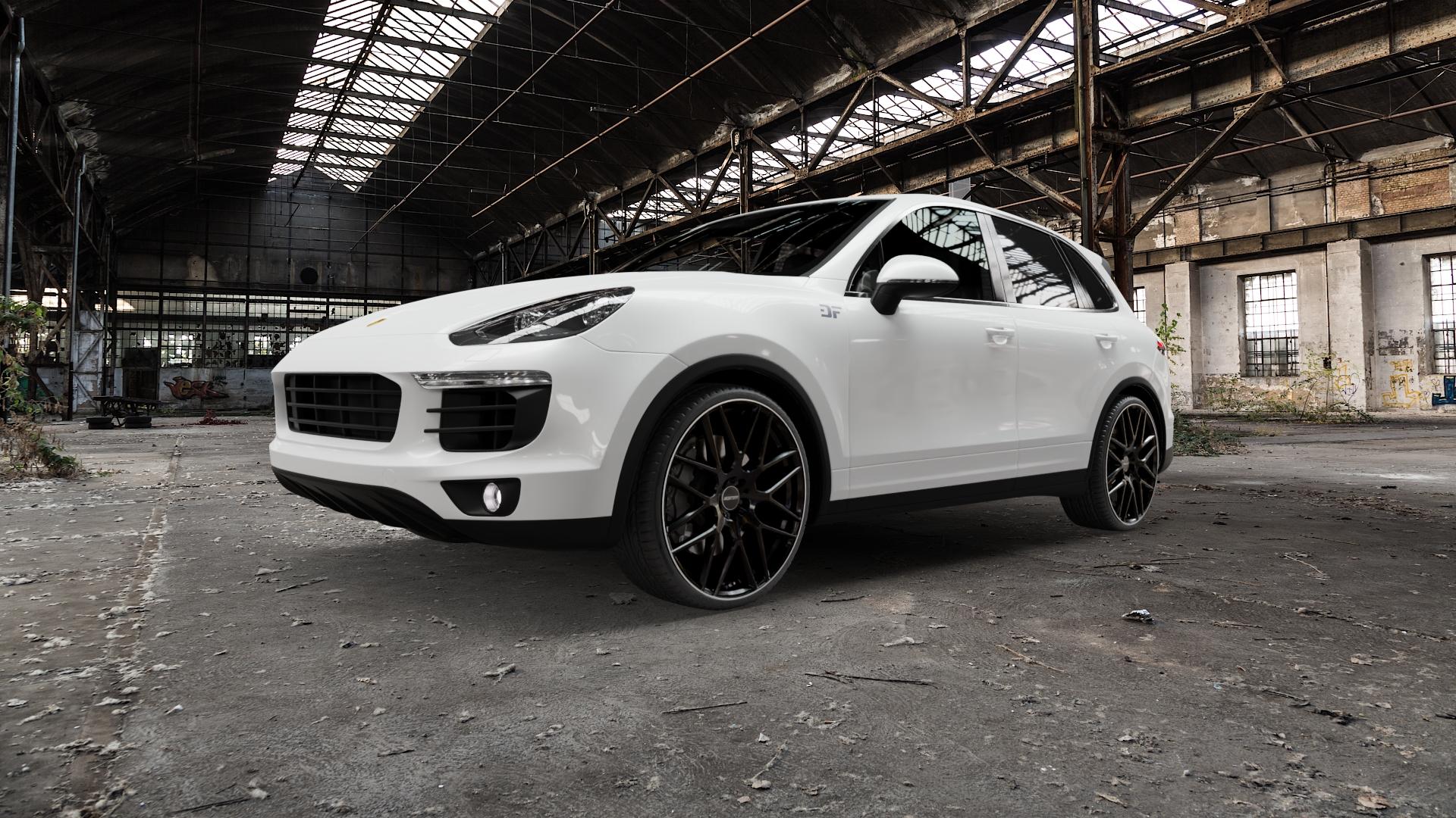 GMP Italia Berghem Black Diamond Lip Felge mit Reifen schwarz in 23Zoll Winterfelge Alufelge auf weissem Porsche Cayenne II Typ 92A Facelift ⬇️ mit 15mm Tieferlegung ⬇️ Old Industrial Hall_max5000mm_2022 Frontansicht_1