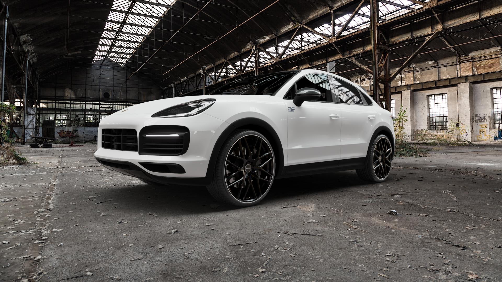 GMP Italia Berghem Black Diamond Lip Felge mit Reifen schwarz in 23Zoll Winterfelge Alufelge auf weissem Porsche Cayenne III Coupe Typ 9YA ⬇️ mit 15mm Tieferlegung ⬇️ Old Industrial Hall_max5000mm_2022 Frontansicht_1