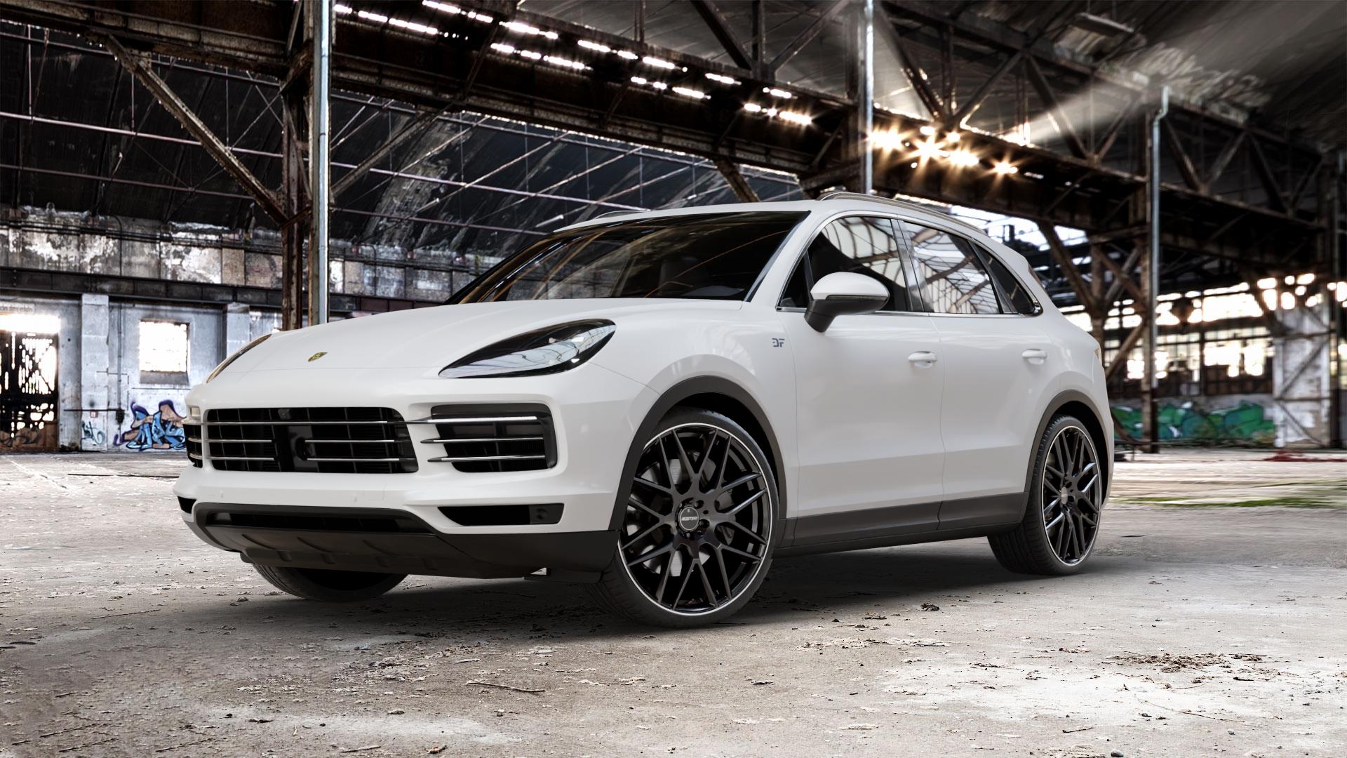 GMP Italia Berghem Black Diamond Lip Felge mit Reifen schwarz in 23Zoll Winterfelge Alufelge auf weissem Porsche Cayenne III Typ 9YA ⬇️ mit 15mm Tieferlegung ⬇️ Old Industrial Hall_max_5300mm_2024 Frontansicht_1