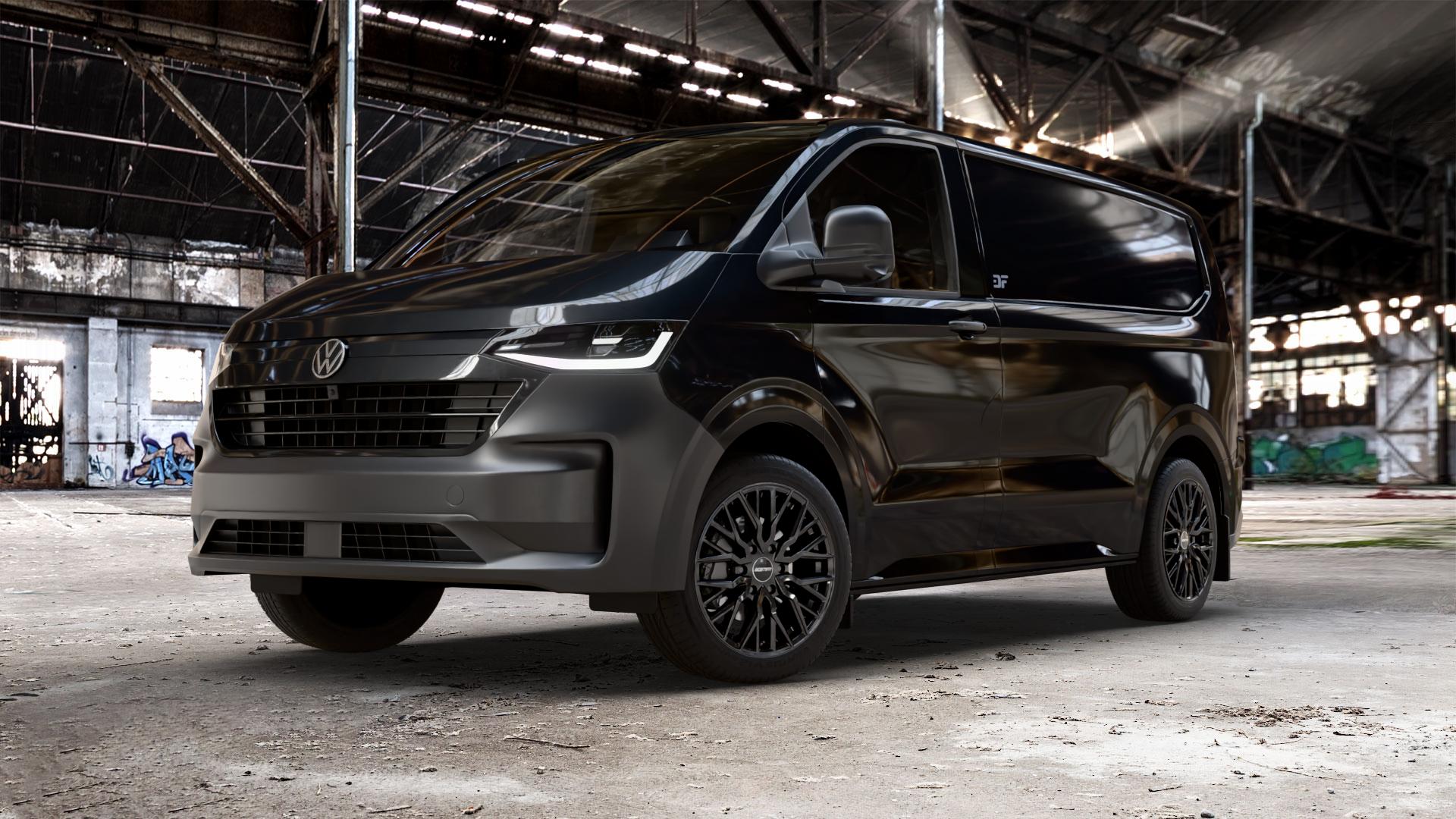 GMP Italia Booster 6-Spokes Black glossy Felge mit Reifen schwarz in 19Zoll Winterfelge Alufelge auf schwarzem Volkswagen (VW) T7 Transporter ⬇️ mit 15mm Tieferlegung ⬇️ Old Industrial Hall_max_5300mm_2024 Frontansicht_1