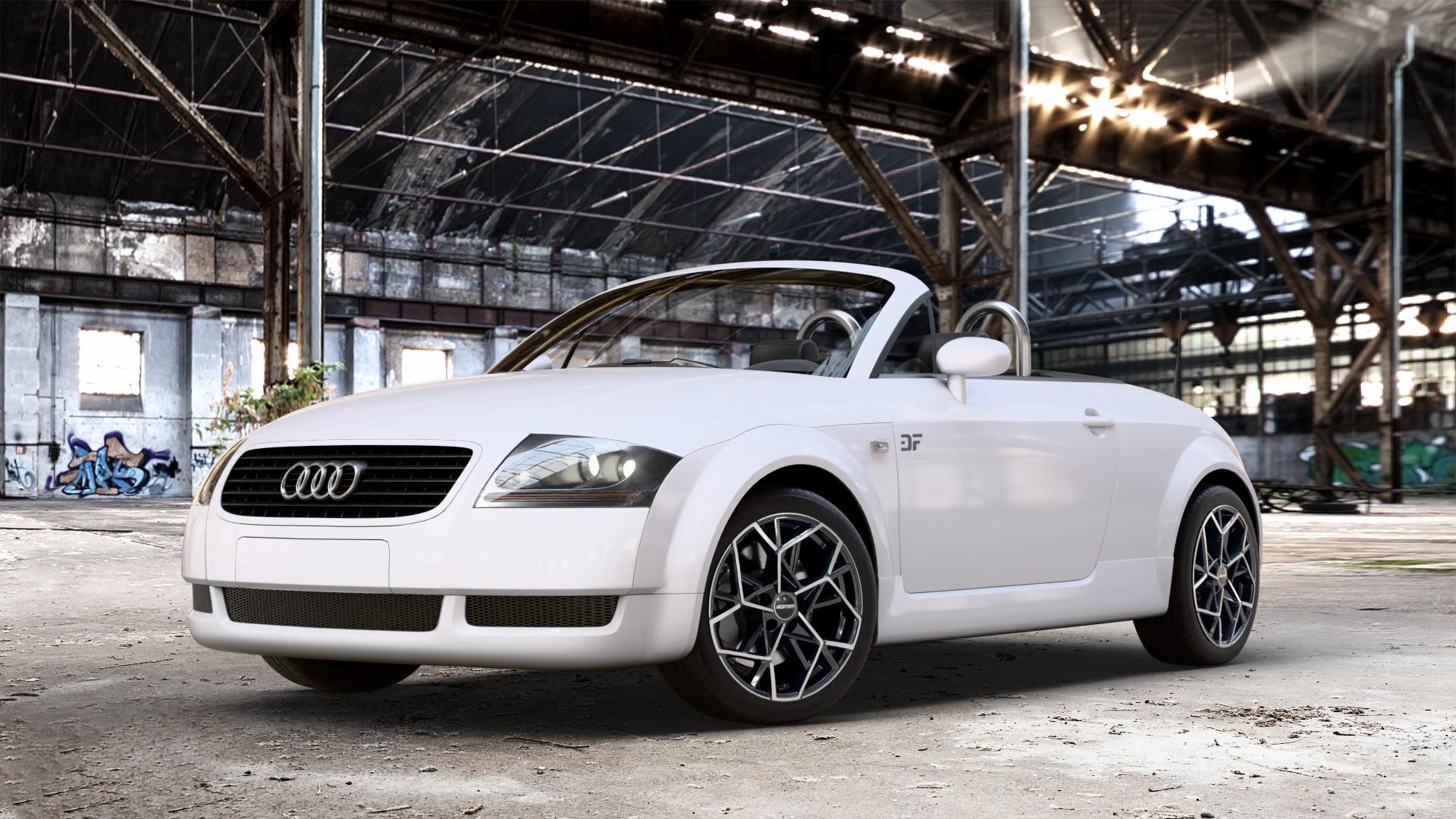 GMP Italia Cartesio Black Diamond Felge mit Reifen schwarz in 17Zoll Winterfelge Alufelge auf weissem Audi TT I Typ 8N (Roadster) 1,8l T 110kW (150 PS) 120kW (163 132kW (179 140kW (190 quattro 165kW (224 3,2l VR6 184kW (250 ⬇️ mit 15mm Tieferlegung ⬇️ Old Industrial Hall_max_4400mm_2024 Frontansicht_1