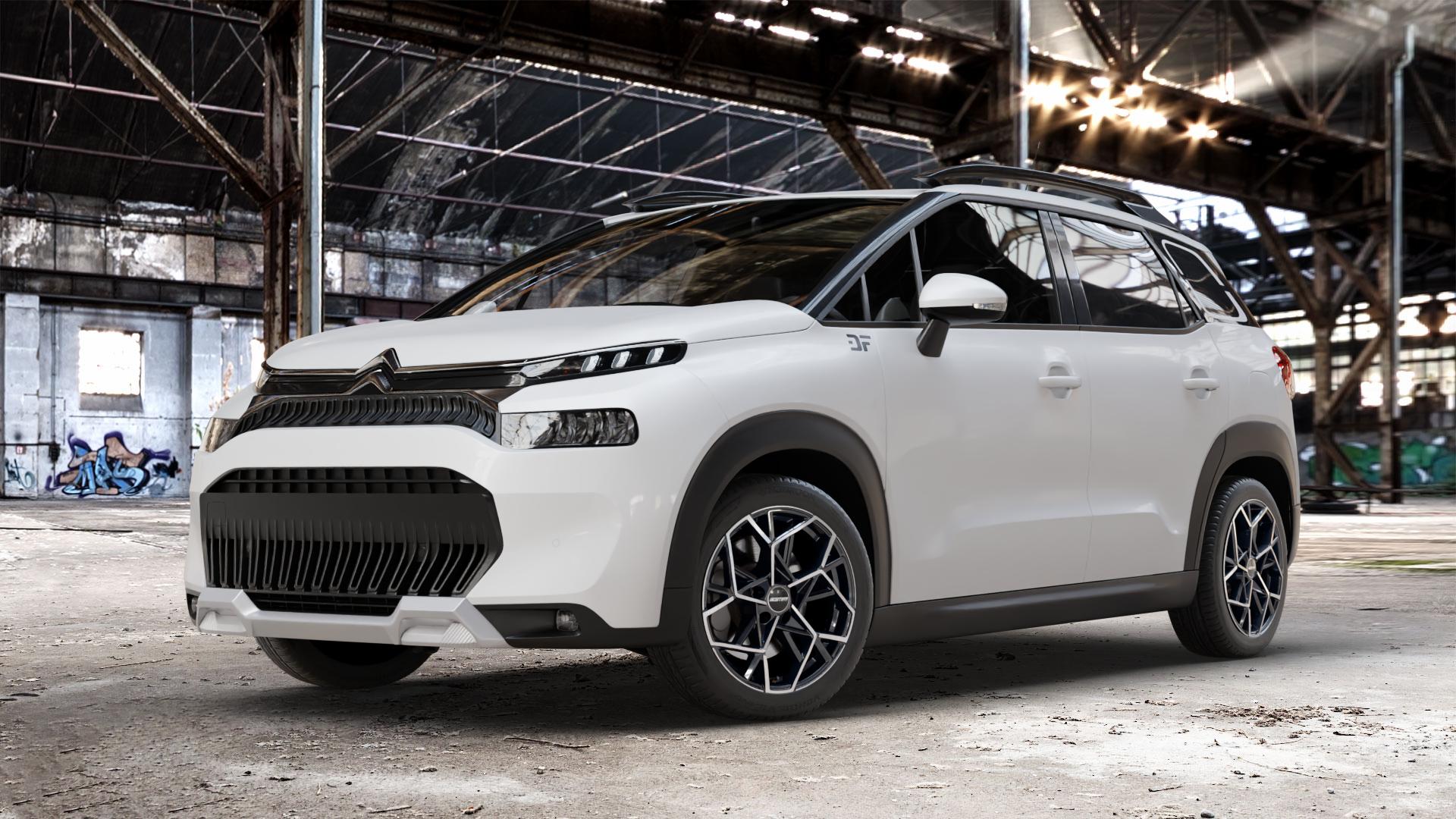 GMP Italia Cartesio Black Diamond Felge mit Reifen schwarz in 17Zoll Winterfelge Alufelge auf weissem Citroen C3 Aircross Typ 2 Facelift ⬇️ mit 15mm Tieferlegung ⬇️ Old Industrial Hall_max_4400mm_2024 Frontansicht_1