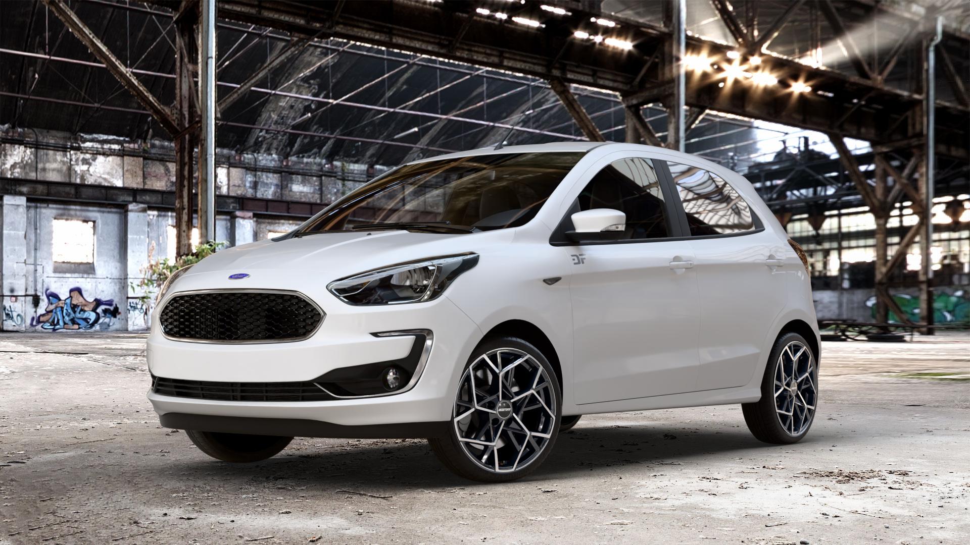 GMP Italia Cartesio Black Diamond Felge mit Reifen schwarz in 17Zoll Winterfelge Alufelge auf weissem Ford KA+ Typ KAF ACTIVE Facelift KA ⬇️ mit 15mm Tieferlegung ⬇️ Old Industrial Hall_max_4400mm_2024 Frontansicht_1