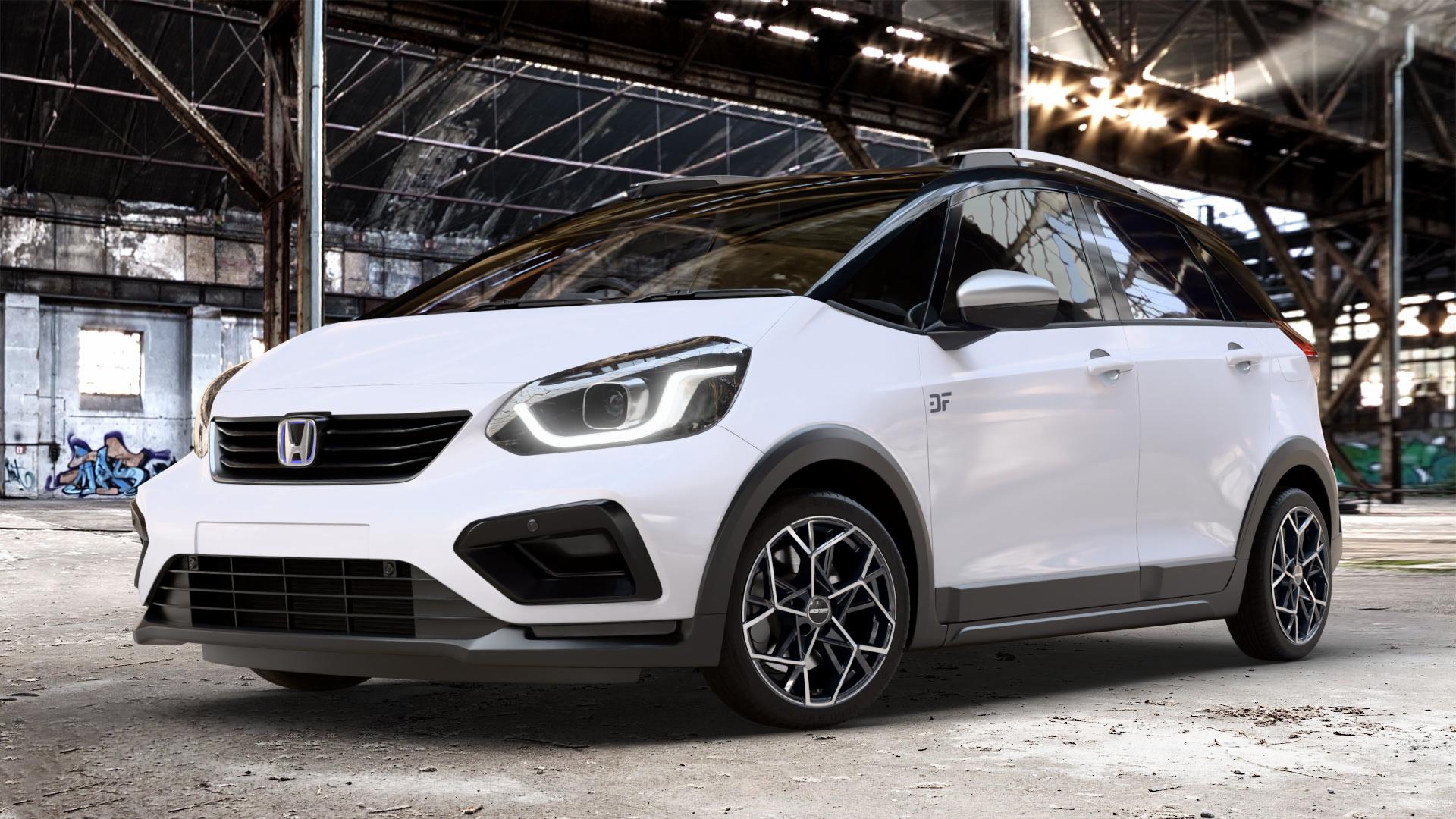GMP Italia Cartesio Black Diamond Felge mit Reifen schwarz in 17Zoll Winterfelge Alufelge auf weissem Honda Jazz V Crosstar (GR) Facelift ⬇️ mit 15mm Tieferlegung ⬇️ Old Industrial Hall_max_4400mm_2024 Frontansicht_1
