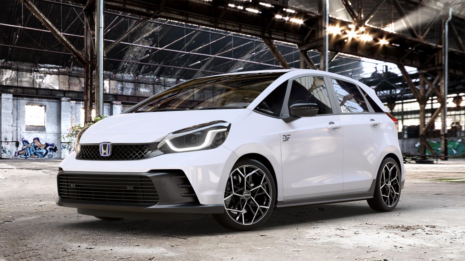 GMP Italia Cartesio Black Diamond Felge mit Reifen schwarz in 17Zoll Winterfelge Alufelge auf weissem Honda Jazz V (GR) Facelift 1,5l e:HEV 79kW Mild-Hybrid (107 PS) ⬇️ mit 15mm Tieferlegung ⬇️ Old Industrial Hall_max_4400mm_2024 Frontansicht_1