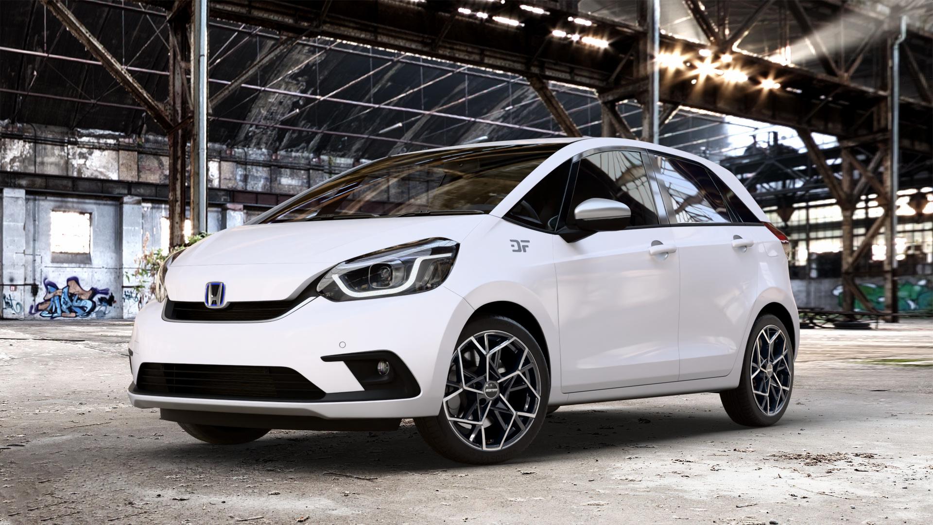 GMP Italia Cartesio Black Diamond Felge mit Reifen schwarz in 17Zoll Winterfelge Alufelge auf weissem Honda Jazz V (GR) ⬇️ mit 15mm Tieferlegung ⬇️ Old Industrial Hall_max_4400mm_2024 Frontansicht_1