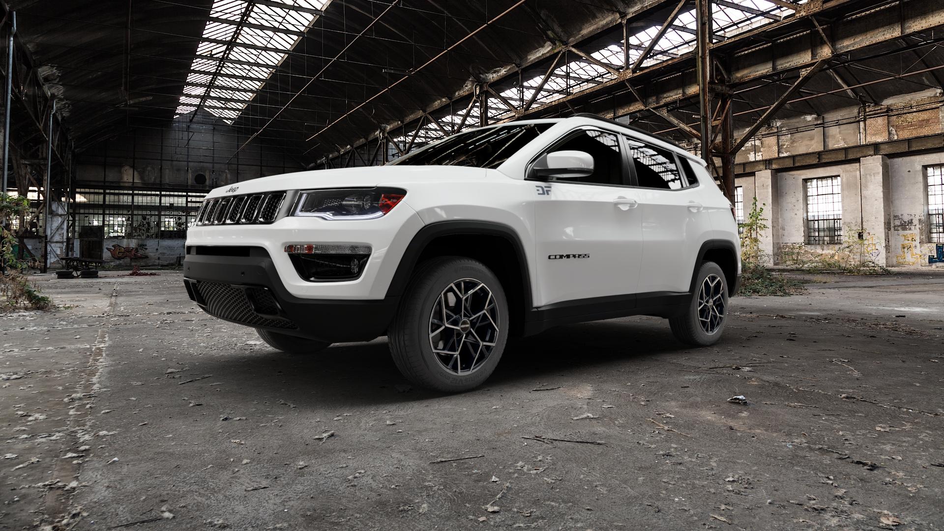 GMP Italia Cartesio Black Diamond Felge mit Reifen schwarz in 17Zoll Winterfelge Alufelge auf weissem Jeep Compass III Typ MX ⬇️ mit 15mm Tieferlegung ⬇️ Old Industrial Hall_max5000mm_2022 Frontansicht_1
