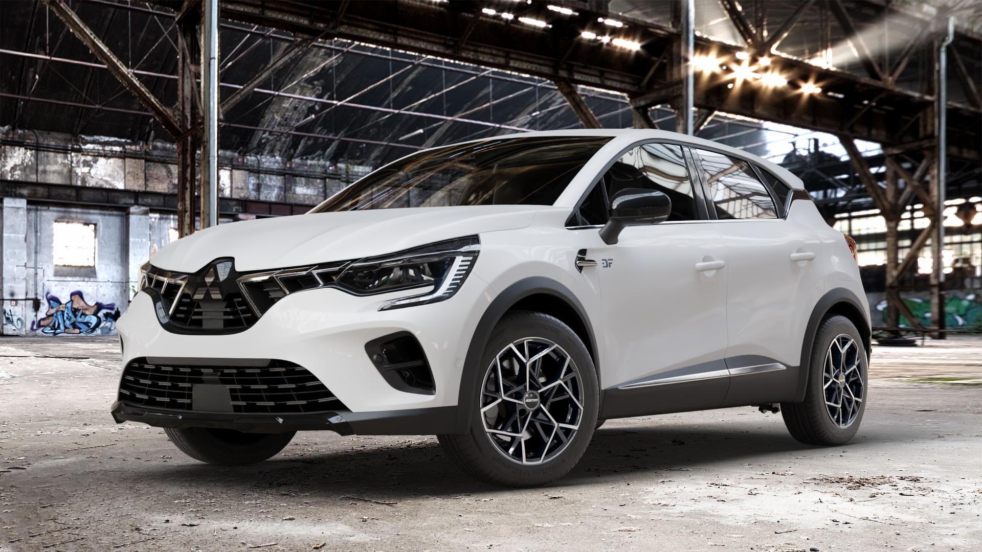 GMP Italia Cartesio Black Diamond Felge mit Reifen schwarz in 17Zoll Winterfelge Alufelge auf weissem Mitsubishi ASX Typ RJB ⬇️ mit 15mm Tieferlegung ⬇️ Old Industrial Hall_max_4400mm_2024 Frontansicht_1