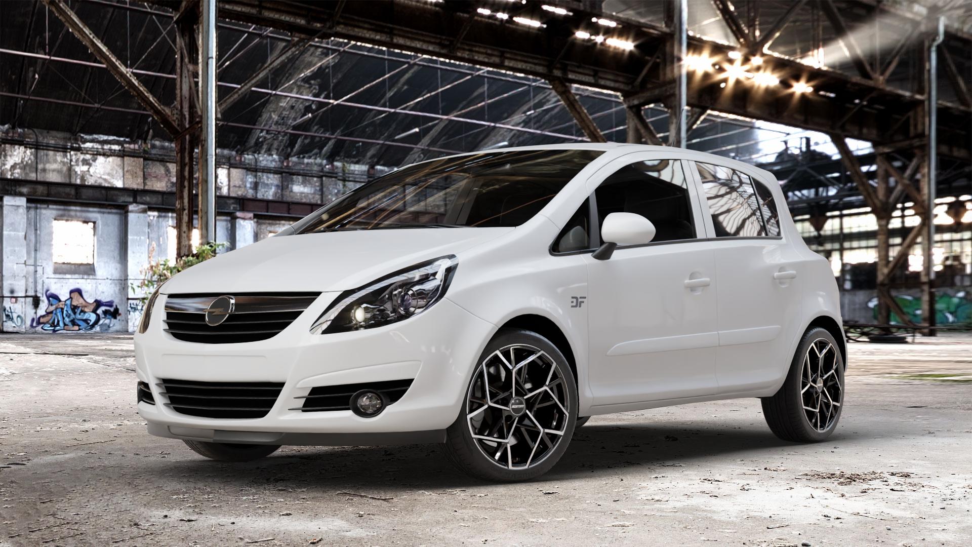 GMP Italia Cartesio Black Diamond Felge mit Reifen schwarz in 17Zoll Winterfelge Alufelge auf weissem Opel Corsa D Typ S-D ⬇️ mit 15mm Tieferlegung ⬇️ Old Industrial Hall_max_4400mm_2024 Frontansicht_1