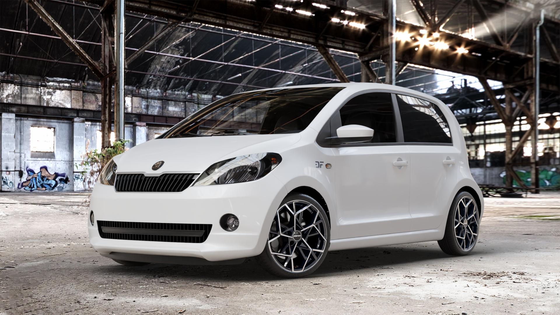 GMP Italia Cartesio Black Diamond Felge mit Reifen schwarz in 17Zoll Winterfelge Alufelge auf weissem Skoda Citigo Typ AA ⬇️ mit 15mm Tieferlegung ⬇️ Old Industrial Hall_max_4400mm_2024 Frontansicht_1