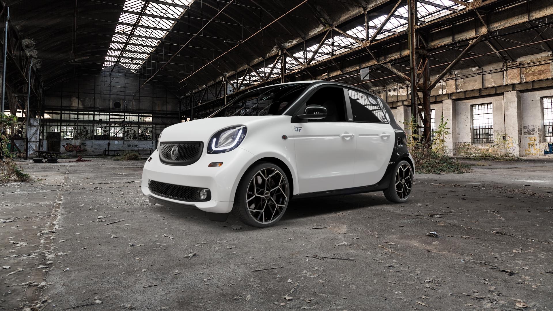GMP Italia Cartesio Black Diamond Felge mit Reifen schwarz in 17Zoll Winterfelge Alufelge auf weissem Smart Forfour II (453) ⬇️ mit 15mm Tieferlegung ⬇️ Old Industrial Hall_max5000mm_2022 Frontansicht_1
