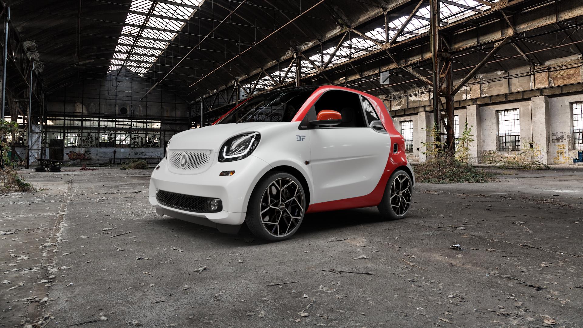 GMP Italia Cartesio Black Diamond Felge mit Reifen schwarz in 17Zoll Winterfelge Alufelge auf weissem Smart Fortwo Coupe III (14-) (453) ⬇️ mit 15mm Tieferlegung ⬇️ Old Industrial Hall_max5000mm_2022 Frontansicht_1