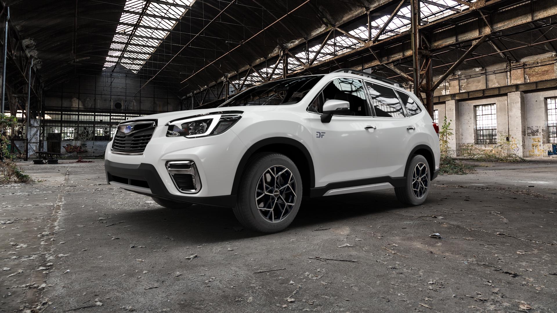 GMP Italia Cartesio Black Diamond Felge mit Reifen schwarz in 17Zoll Winterfelge Alufelge auf weissem Subaru Forester V Typ S5 ⬇️ mit 15mm Tieferlegung ⬇️ Old Industrial Hall_max5000mm_2022 Frontansicht_1