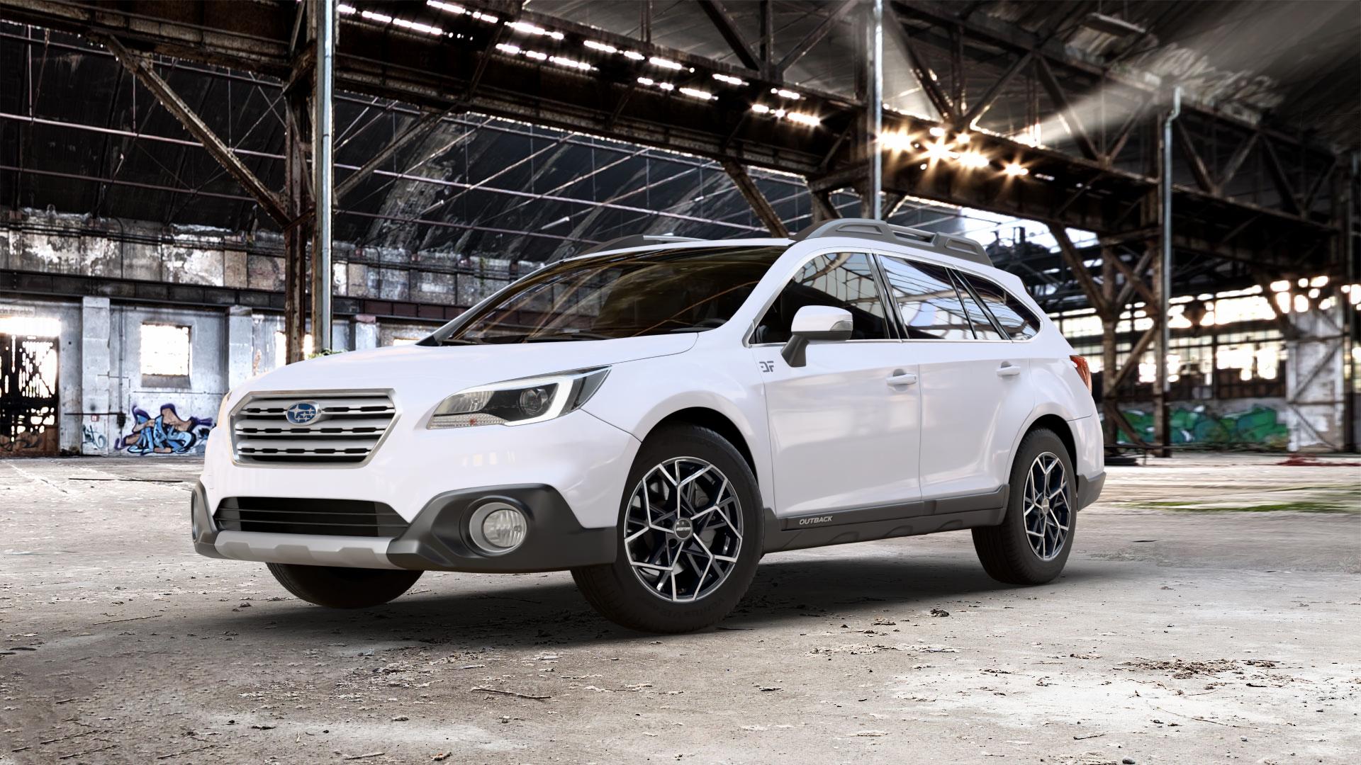 GMP Italia Cartesio Black Diamond Felge mit Reifen schwarz in 17Zoll Winterfelge Alufelge auf weissem Subaru Outback Typ B6 ⬇️ mit 15mm Tieferlegung ⬇️ Old Industrial Hall_max_5300mm_2024 Frontansicht_1