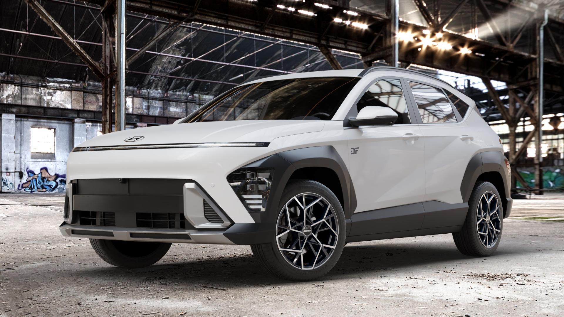 GMP Italia Cartesio Black Diamond Felge mit Reifen schwarz in 18Zoll Winterfelge Alufelge auf weissem Hyundai Kona Typ SX2 ⬇️ mit 15mm Tieferlegung ⬇️ Old Industrial Hall_max_4400mm_2024 Frontansicht_1