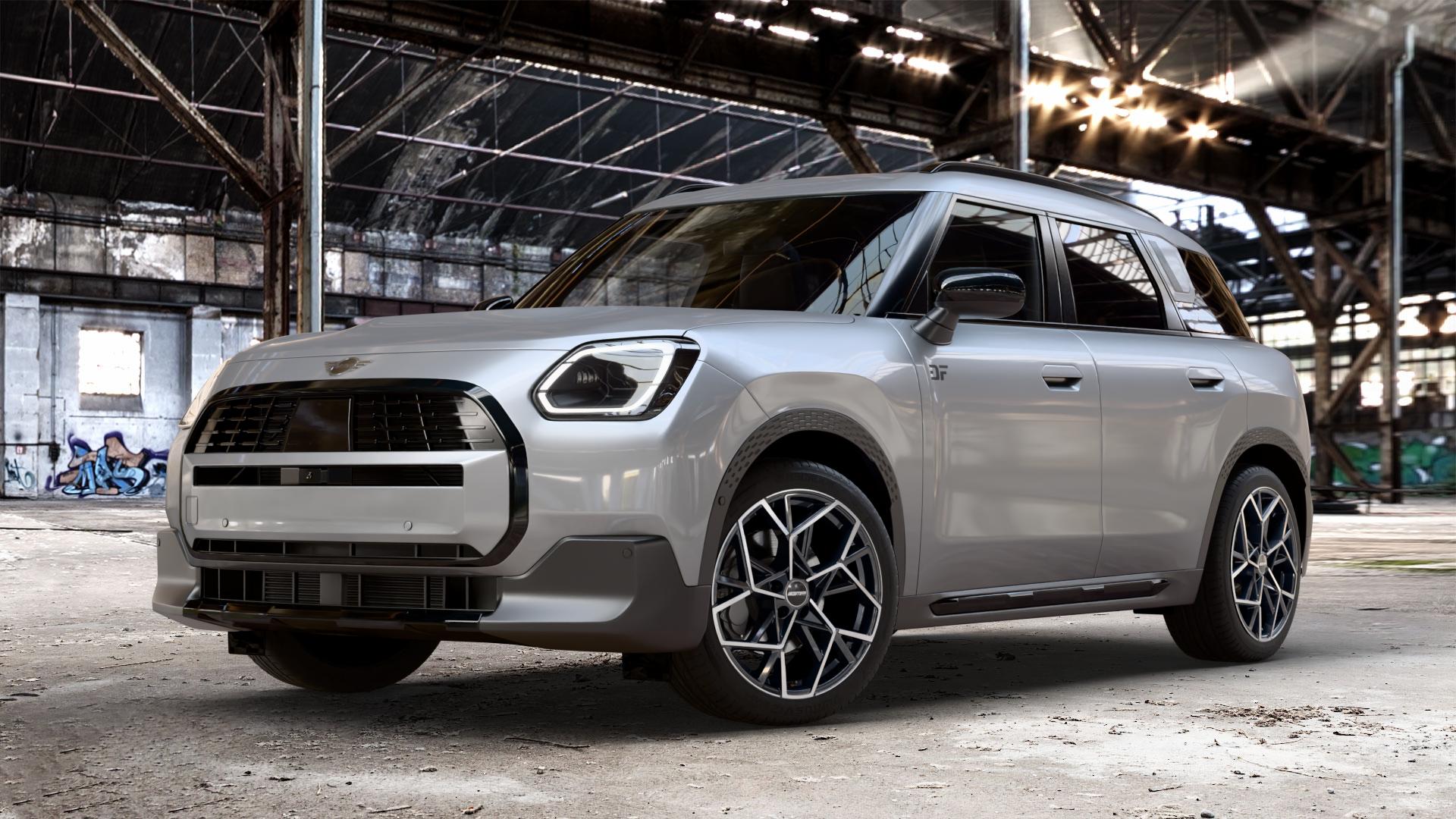 GMP Italia Cartesio Black Diamond Felge mit Reifen schwarz in 19Zoll Winterfelge Alufelge auf metallic silbernem Mini U25 Typ UMX (Countryman) 1,5l C 100kW Mild-Hybrid (136 PS) 115kW (156 2,0l JCW ALL4 221kW (300 D 110kW (150 0,0l E 68kW (92 S 150kW (204 SE 104kW ⬇️ mit 15mm Tieferlegung ⬇️ Old Industrial Hall_max_4400mm_2024 Frontansicht_1