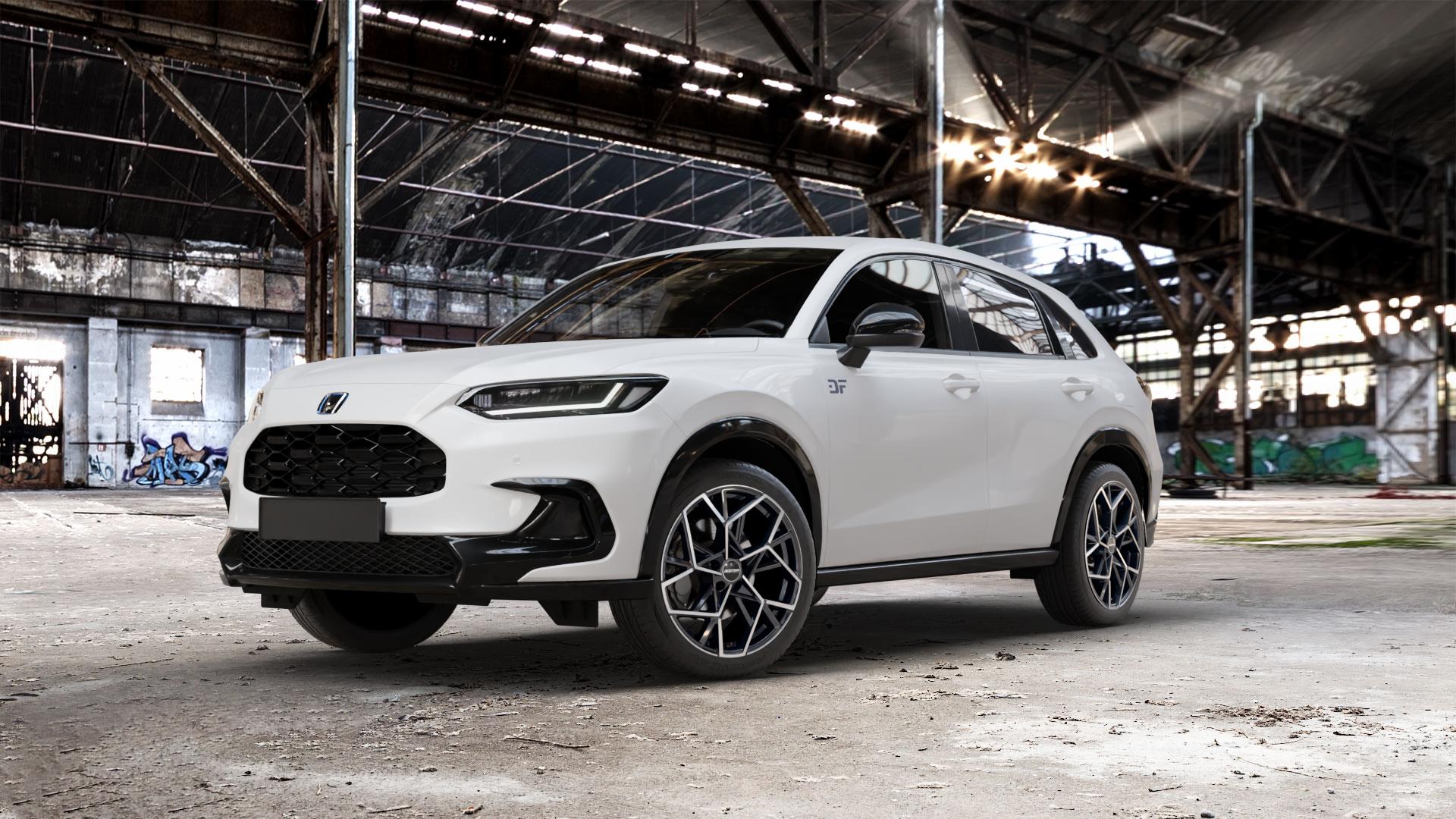 GMP Italia Cartesio Black Diamond Felge mit Reifen schwarz in 19Zoll Winterfelge Alufelge auf weissem Honda ZR-V Typ RZ ⬇️ mit 15mm Tieferlegung ⬇️ Old Industrial Hall_max_5300mm_2024 Frontansicht_1
