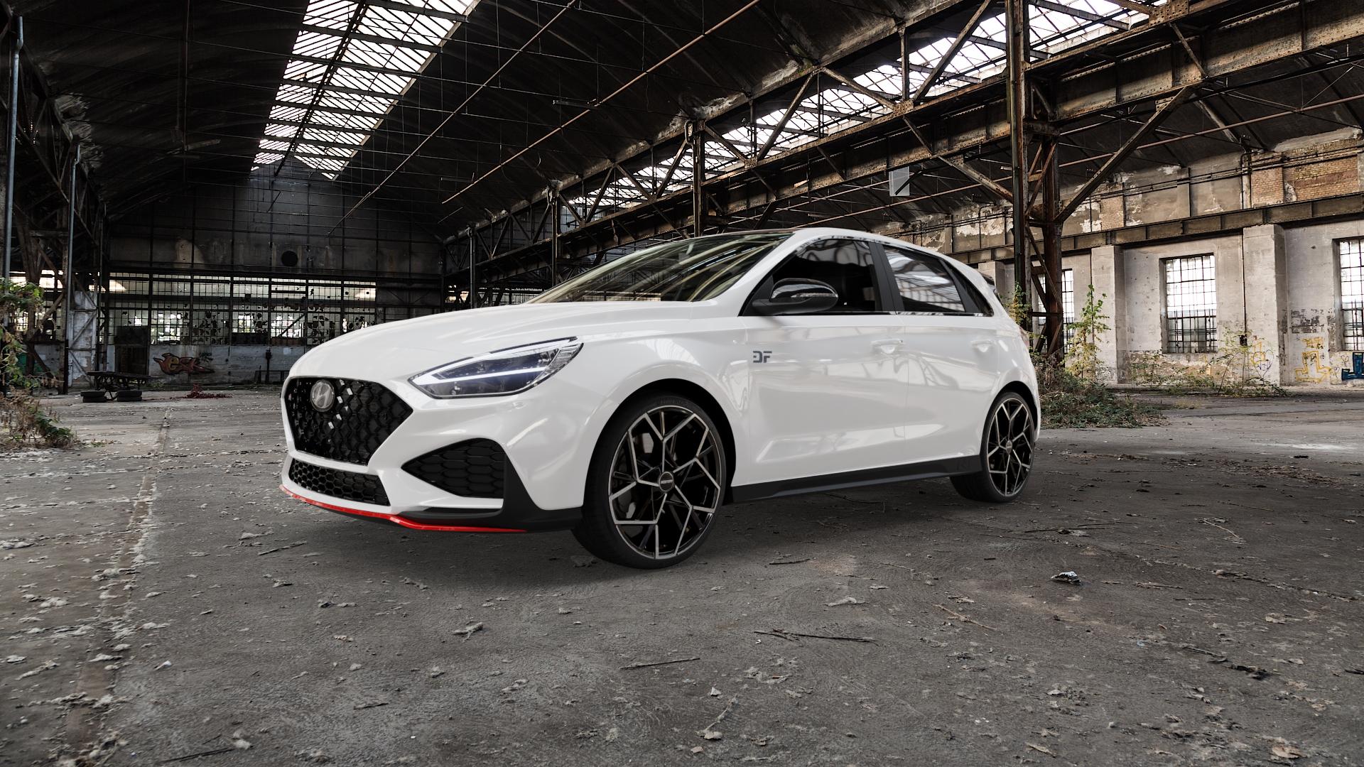 GMP Italia Cartesio Black Diamond Felge mit Reifen schwarz in 19Zoll Winterfelge Alufelge auf weissem Hyundai i30 Typ PDE Facelift 2,0l T-GDI 206kW N (280 PS) ⬇️ mit 15mm Tieferlegung ⬇️ Old Industrial Hall_max5000mm_2022 Frontansicht_1