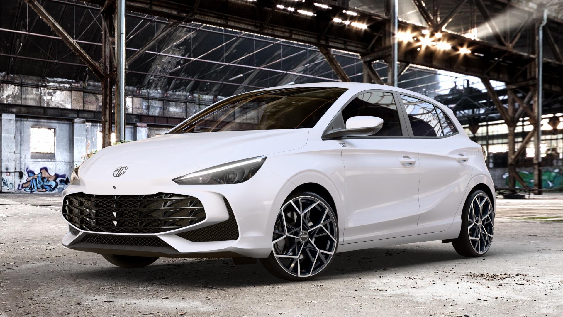 GMP Italia Cartesio Black Diamond Felge mit Reifen schwarz in 19Zoll Winterfelge Alufelge auf weissem MG MG3 Typ ZP2A 1,5l 75kW Mild-Hybrid (102 PS) ⬇️ mit 15mm Tieferlegung ⬇️ Old Industrial Hall_max_4400mm_2024 Frontansicht_1