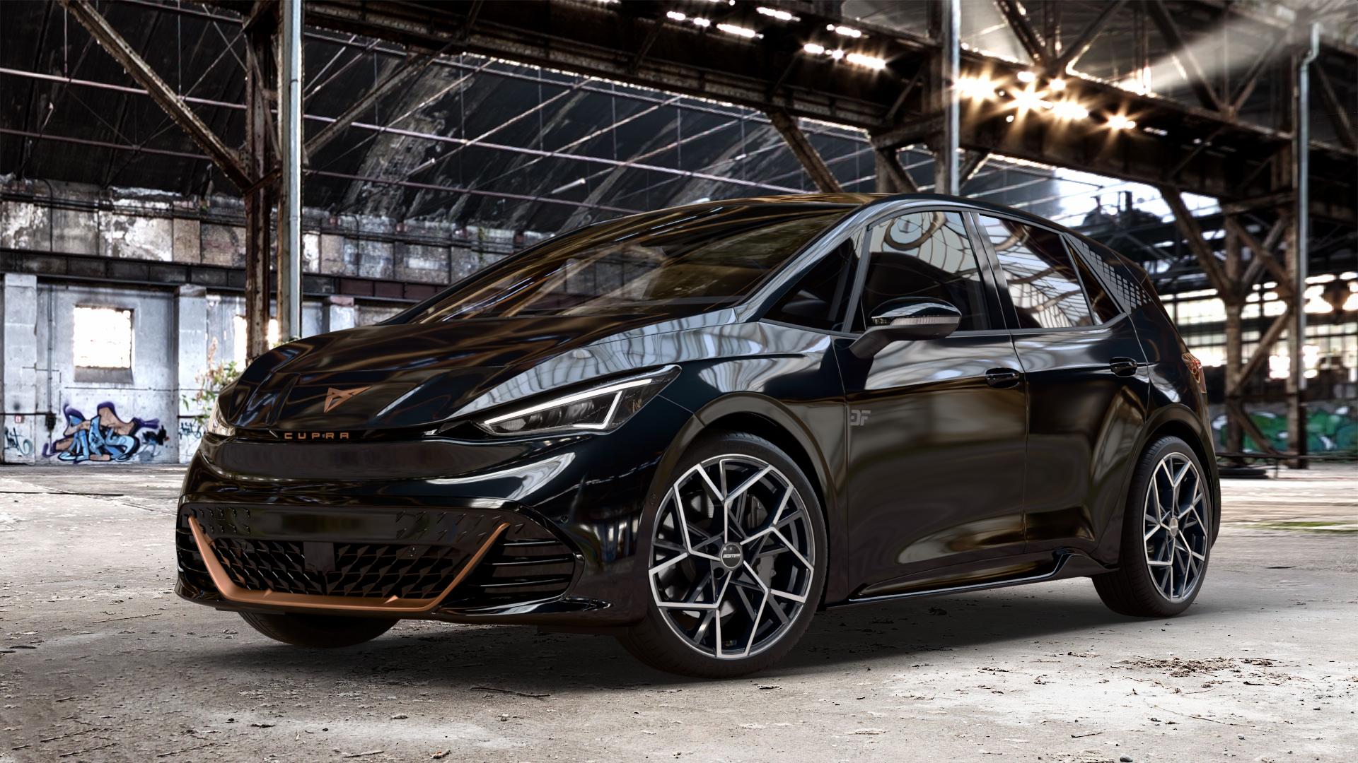 GMP Italia Cartesio Black Diamond Felge mit Reifen schwarz in 20Zoll Winterfelge Alufelge auf metallic schwarzem Cupra Born Typ K1 ⬇️ mit 15mm Tieferlegung ⬇️ Old Industrial Hall_max_4400mm_2024 Frontansicht_1