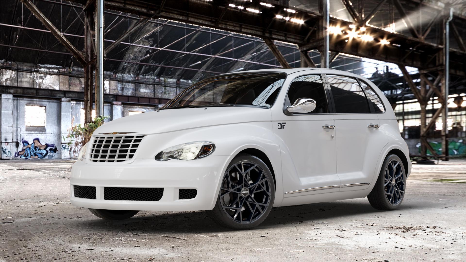 GMP Italia Cartesio Black glossy Felge mit Reifen schwarz in 18Zoll Winterfelge Alufelge auf weissem Chrysler PT Cruiser Cabriolet ⬇️ mit 15mm Tieferlegung ⬇️ Old Industrial Hall_max_4400mm_2024 Frontansicht_1