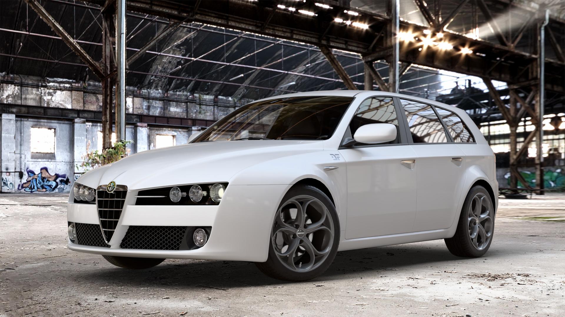 GMP Italia Drake Anthracite Glossy Felge mit Reifen grau schwarz anthrazit in 18Zoll Winterfelge Alufelge auf weissem Alfa Romeo 159 Sportwagon ⬇️ mit 15mm Tieferlegung ⬇️ Old Industrial Hall_max_4400mm_2024 Frontansicht_1