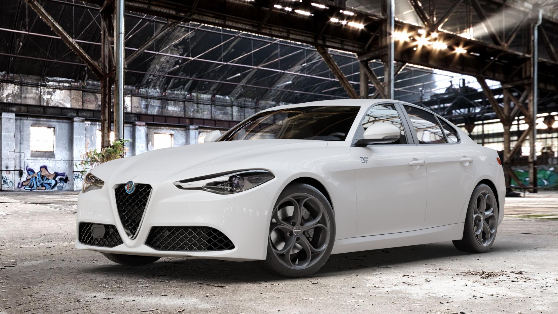 GMP Italia Drake Anthracite Glossy Felge mit Reifen grau schwarz anthrazit in 18Zoll Winterfelge Alufelge auf weissem Alfa Romeo Giulia Typ 952 ⬇️ mit 15mm Tieferlegung ⬇️ Old Industrial Hall_max_4400mm_2024 Frontansicht_1