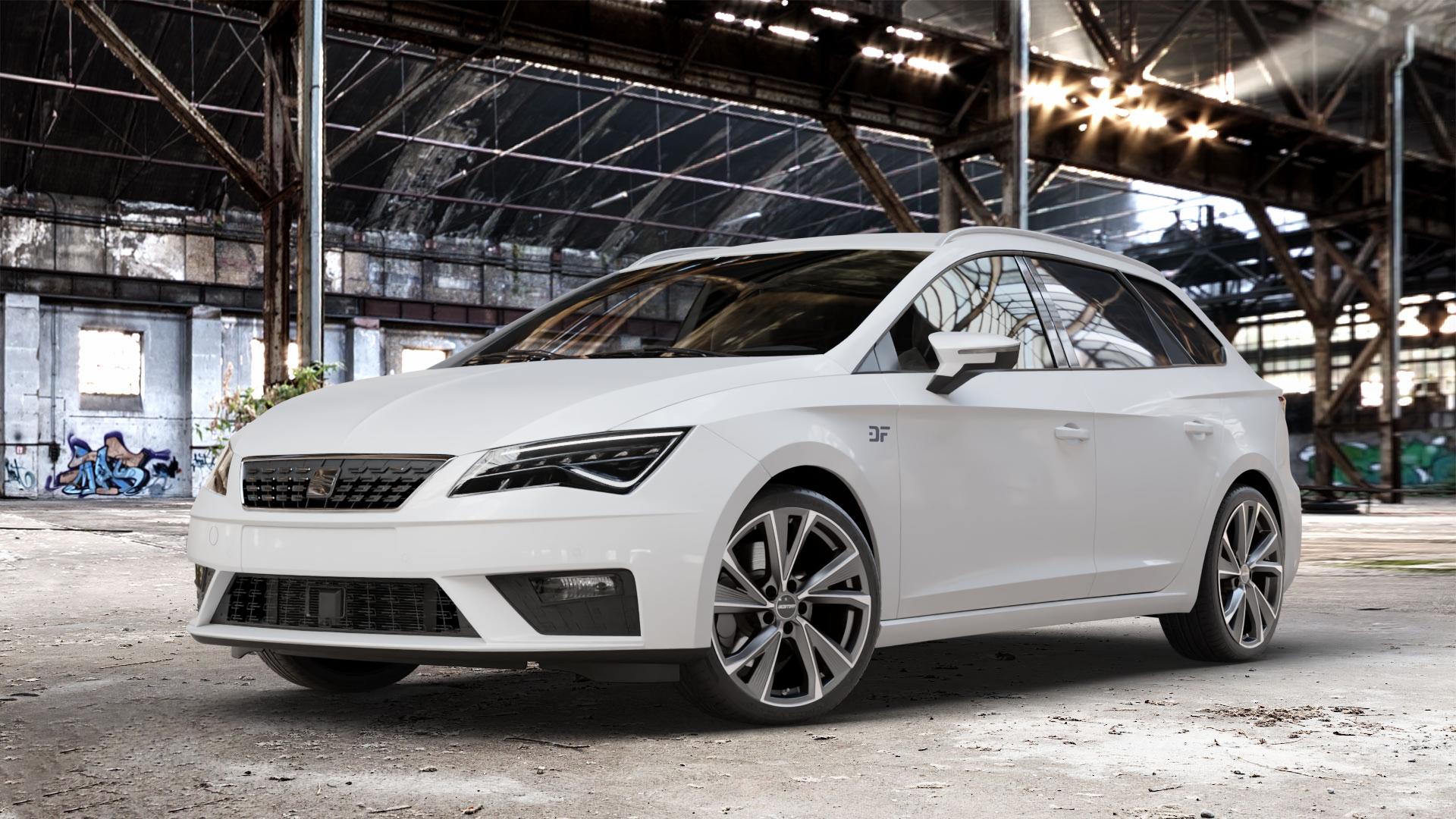 GMP Italia Evento Anthr. matt diamond Felge mit Reifen grau anthrazit in 18Zoll Winterfelge Alufelge auf weissem Seat Leon Typ 5F ST Facelift ⬇️ mit 15mm Tieferlegung ⬇️ Old Industrial Hall_max_4400mm_2024 Frontansicht_1