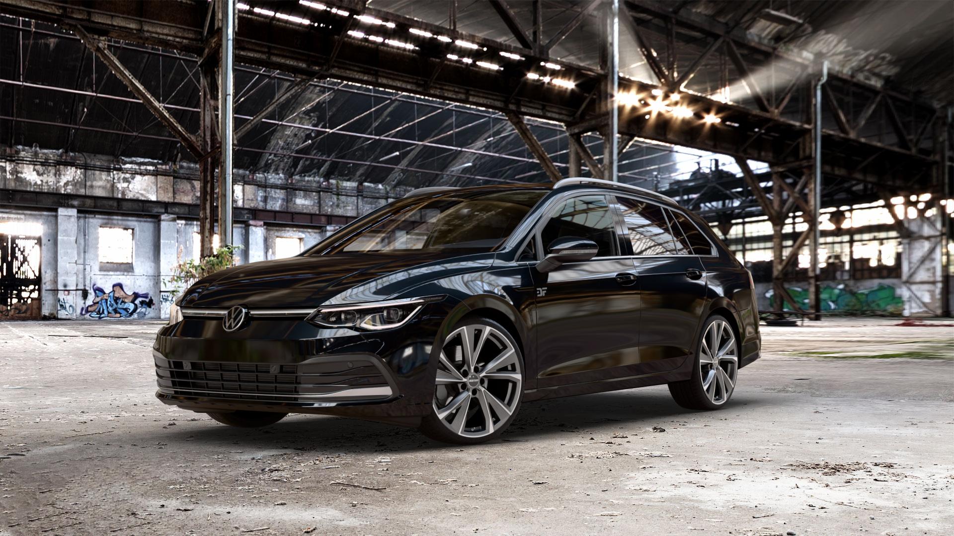 GMP Italia Evento Anthr. matt diamond Felge mit Reifen grau anthrazit in 19Zoll Winterfelge Alufelge auf metallic schwarzem Volkswagen (VW) Golf 8 Variant 1,0l TSI 81kW Mild-Hybrid (110 PS) 2,0l TDI 85kW (116 110kW (150 1,5l 96kW (131 CNG 4Motion 140kW (190 ⬇️ mit 15mm Tieferlegung ⬇️ Old Industrial Hall_max_5300mm_2024 Frontansicht_1