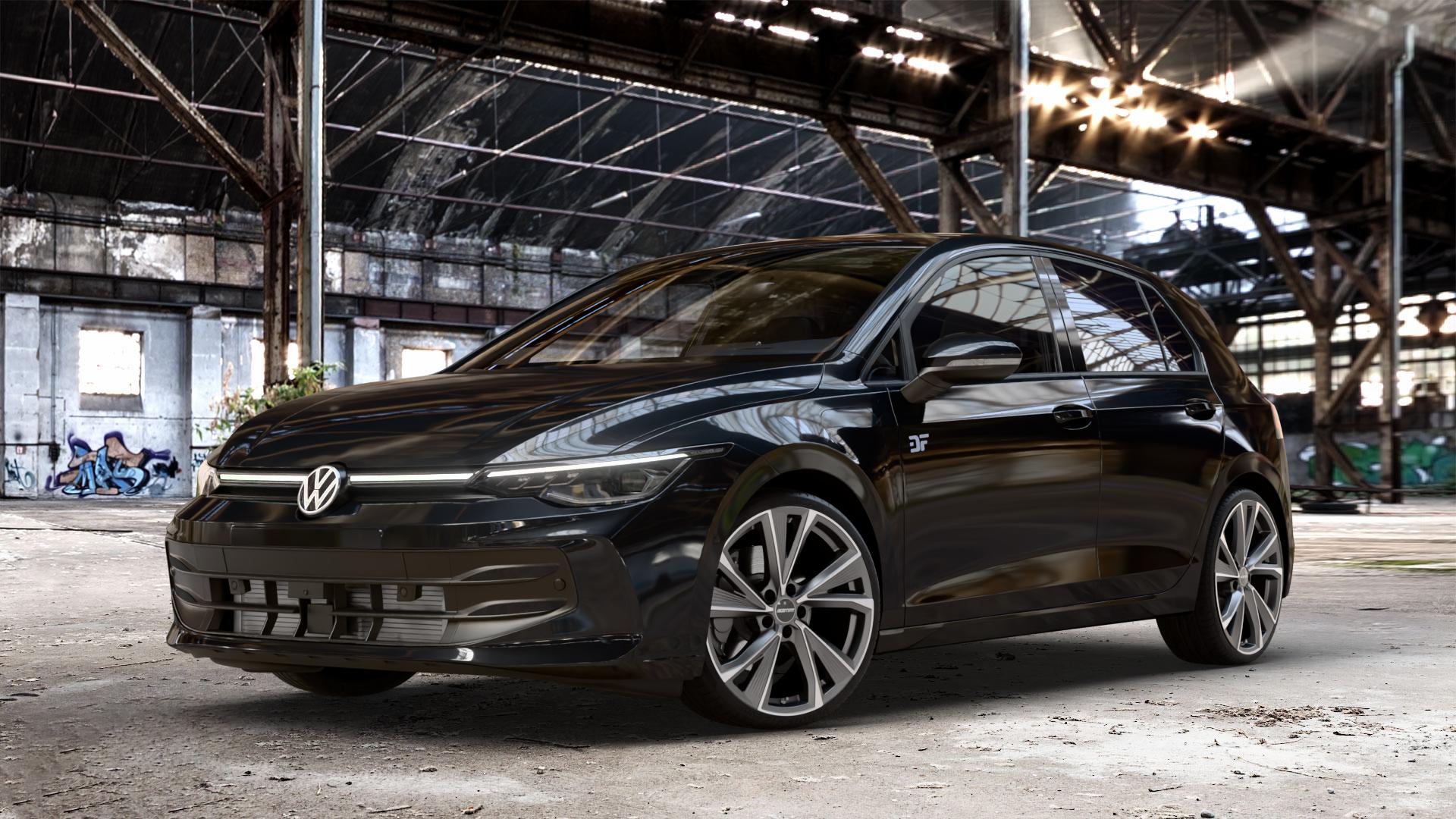 GMP Italia Evento Anthr. matt diamond Felge mit Reifen grau anthrazit in 19Zoll Winterfelge Alufelge auf schwarzem Volkswagen (VW) Golf 8 Facelift ⬇️ mit 15mm Tieferlegung ⬇️ Old Industrial Hall_max_4400mm_2024 Frontansicht_1
