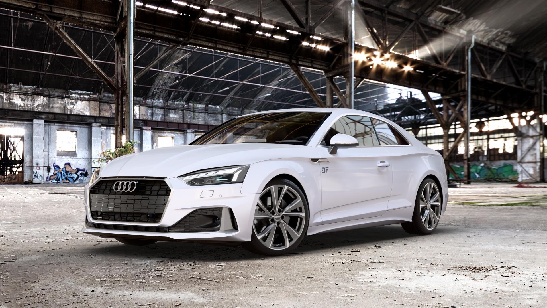 GMP Italia Evento Anthr. matt diamond Felge mit Reifen grau anthrazit in 19Zoll Winterfelge Alufelge auf weißem Audi A5 Typ B9 (Coupé) Facelift ⬇️ mit 15mm Tieferlegung ⬇️ Old Industrial Hall_max_5300mm_2024 Frontansicht_1