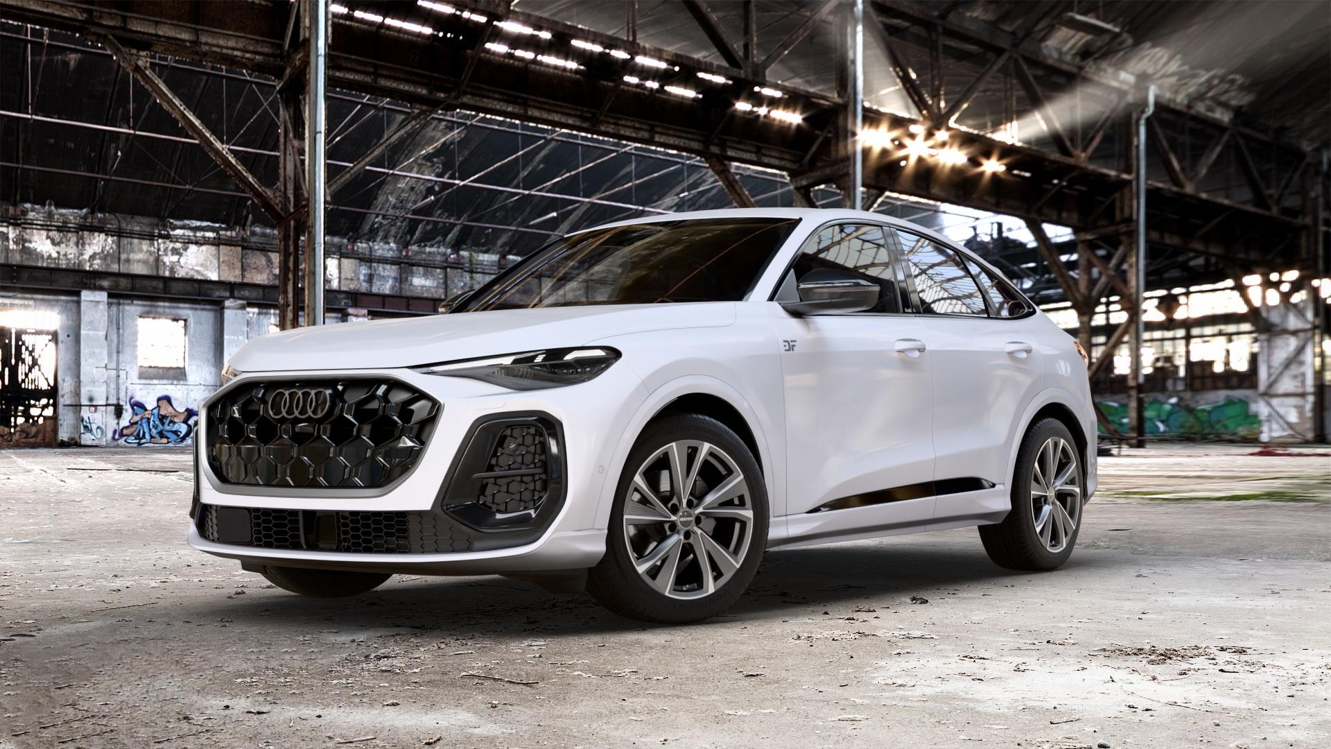 GMP Italia Evento Anthr. matt diamond Felge mit Reifen grau anthrazit in 19Zoll Winterfelge Alufelge auf weissem Audi Q5 III Typ GU (FY) Sportback ⬇️ mit 15mm Tieferlegung ⬇️ Old Industrial Hall_max_5300mm_2024 Frontansicht_1
