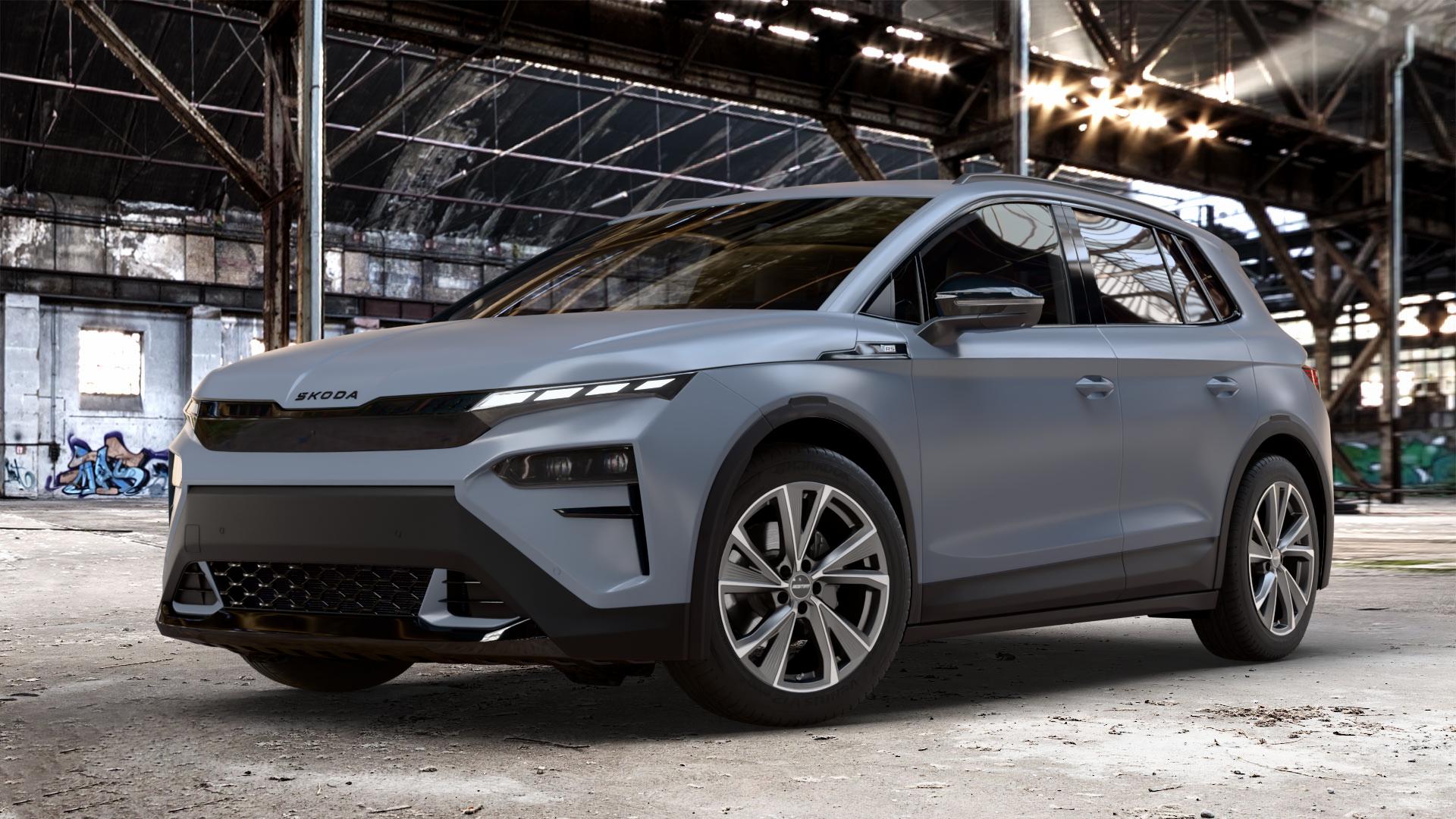 GMP Italia Evento Anthr. matt diamond Felge mit Reifen grau anthrazit in 19Zoll Winterfelge Alufelge auf weissem Skoda Elroq Typ NY 0,0l 77kW RS (105 PS) ⬇️ mit 15mm Tieferlegung ⬇️ Old Industrial Hall_max_4400mm_2024 Frontansicht_1