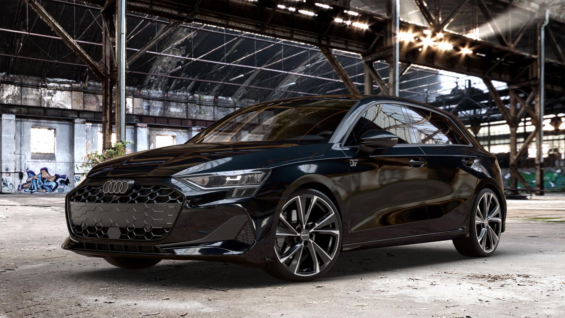 GMP Italia Evento Black Diamond Felge mit Reifen schwarz in 19Zoll Winterfelge Alufelge auf metallic schwarzem Audi A3 Typ GY (Sportback) Facelift 2,0l 30 TDI 85kW (116 PS) 1,5l TFSI Mild-Hybrid 35 110kW (150 PHEV 200 130kW Hybrid (177 150 ⬇️ mit 15mm Tieferlegung ⬇️ Old Industrial Hall_max_4400mm_2024 Frontansicht_1