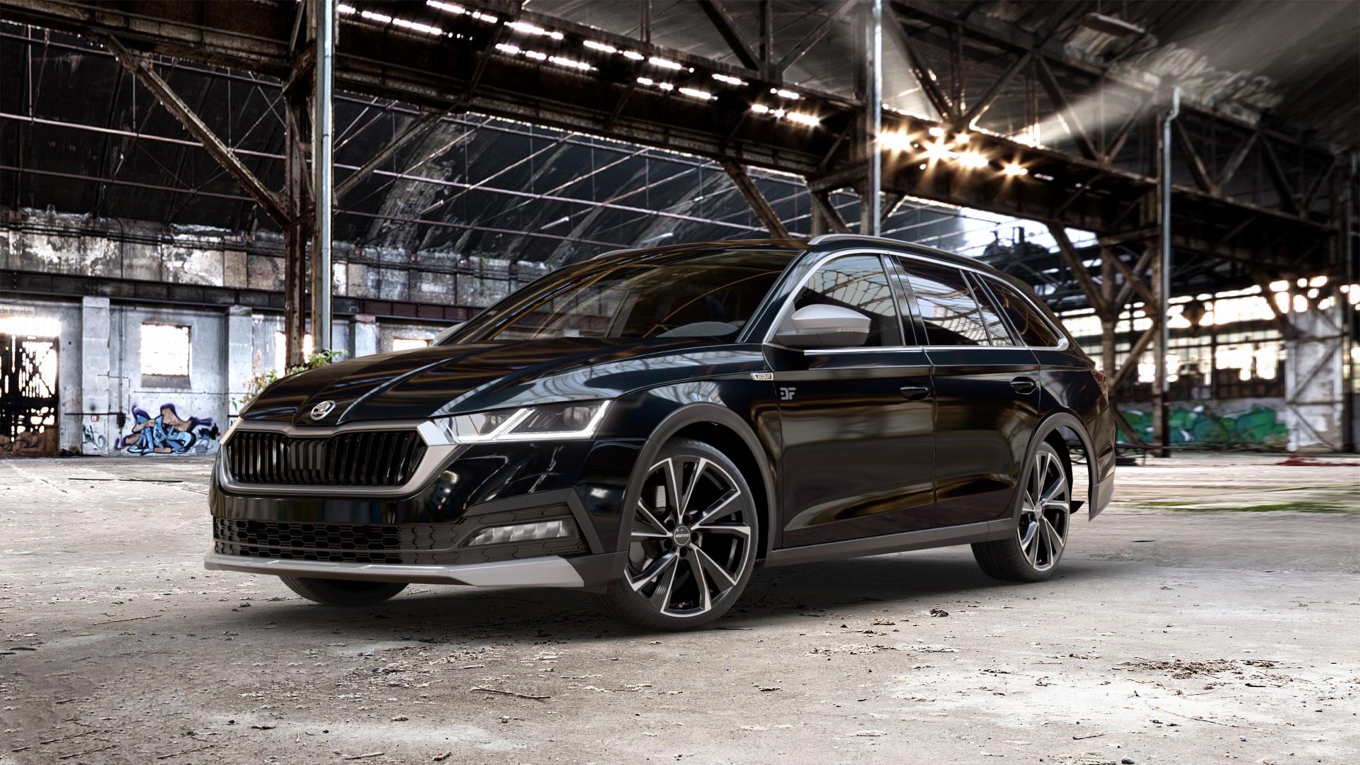 GMP Italia Evento Black Diamond Felge mit Reifen schwarz in 19Zoll Winterfelge Alufelge auf schwarzem metallic Skoda Octavia IV Scout Typ NX ⬇️ mit 15mm Tieferlegung ⬇️ Old Industrial Hall_max_5300mm_2024 Frontansicht_1
