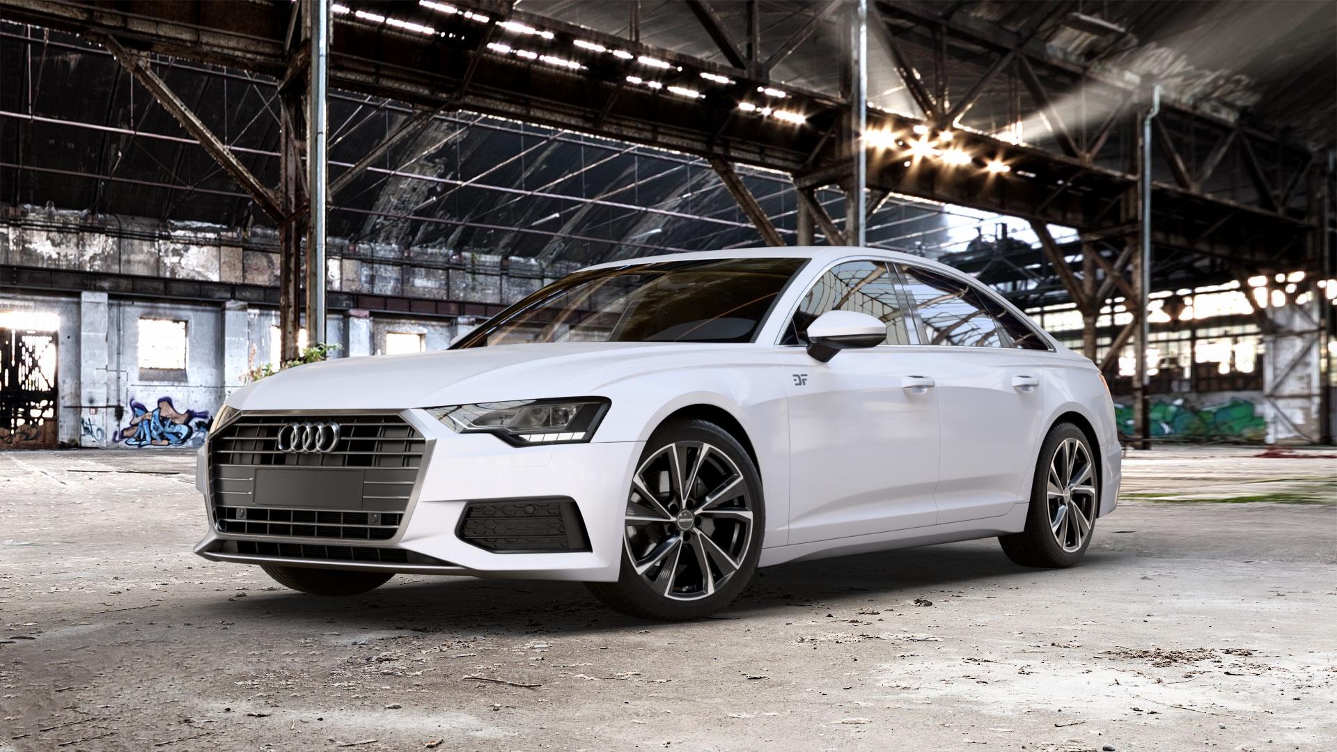 GMP Italia Evento Black Diamond Felge mit Reifen schwarz in 19Zoll Winterfelge Alufelge auf weissem Audi A6 Typ F2/C8 (Limousine) Facelift ⬇️ mit 15mm Tieferlegung ⬇️ Old Industrial Hall_max_5300mm_2024 Frontansicht_1