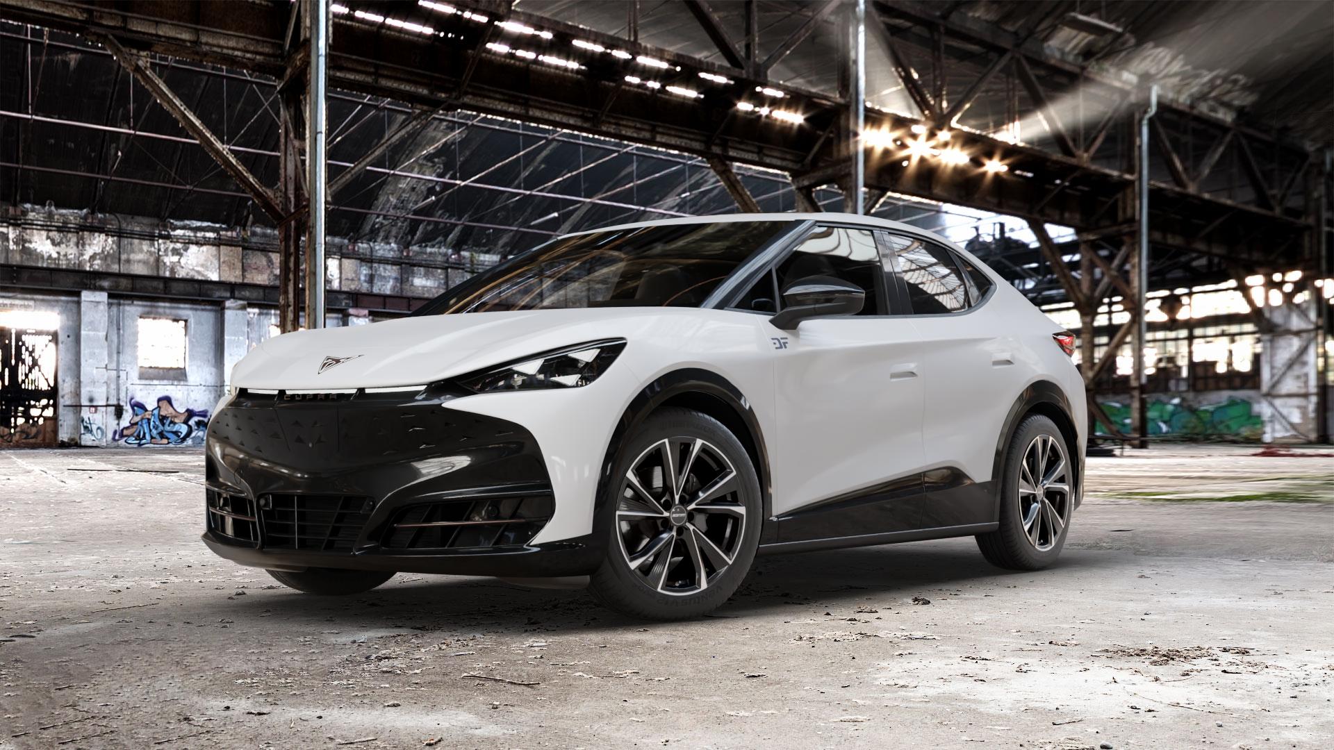 GMP Italia Evento Black Diamond Felge mit Reifen schwarz in 19Zoll Winterfelge Alufelge auf weissem Cupra Tavascan Typ KR ⬇️ mit 15mm Tieferlegung ⬇️ Old Industrial Hall_max_5300mm_2024 Frontansicht_1