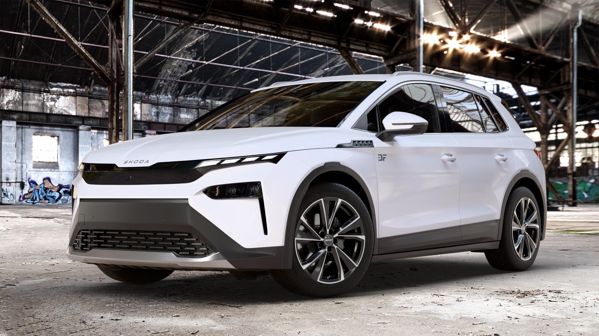 GMP Italia Evento Black Diamond Felge mit Reifen schwarz in 19Zoll Winterfelge Alufelge auf weissem Skoda Elroq Typ NY 0,0l 89kW 85 (121 PS) 70kW 60 (95 50 ⬇️ mit 15mm Tieferlegung ⬇️ Old Industrial Hall_max_4400mm_2024 Frontansicht_1