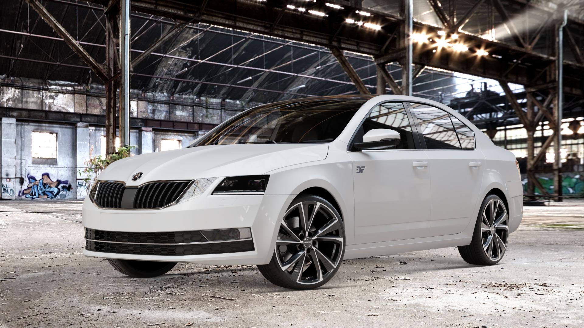 GMP Italia Evento Black Diamond Felge mit Reifen schwarz in 19Zoll Winterfelge Alufelge auf weissem Skoda Octavia III Limousine Typ 5E Facelift ⬇️ mit 15mm Tieferlegung ⬇️ Old Industrial Hall_max_4400mm_2024 Frontansicht_1
