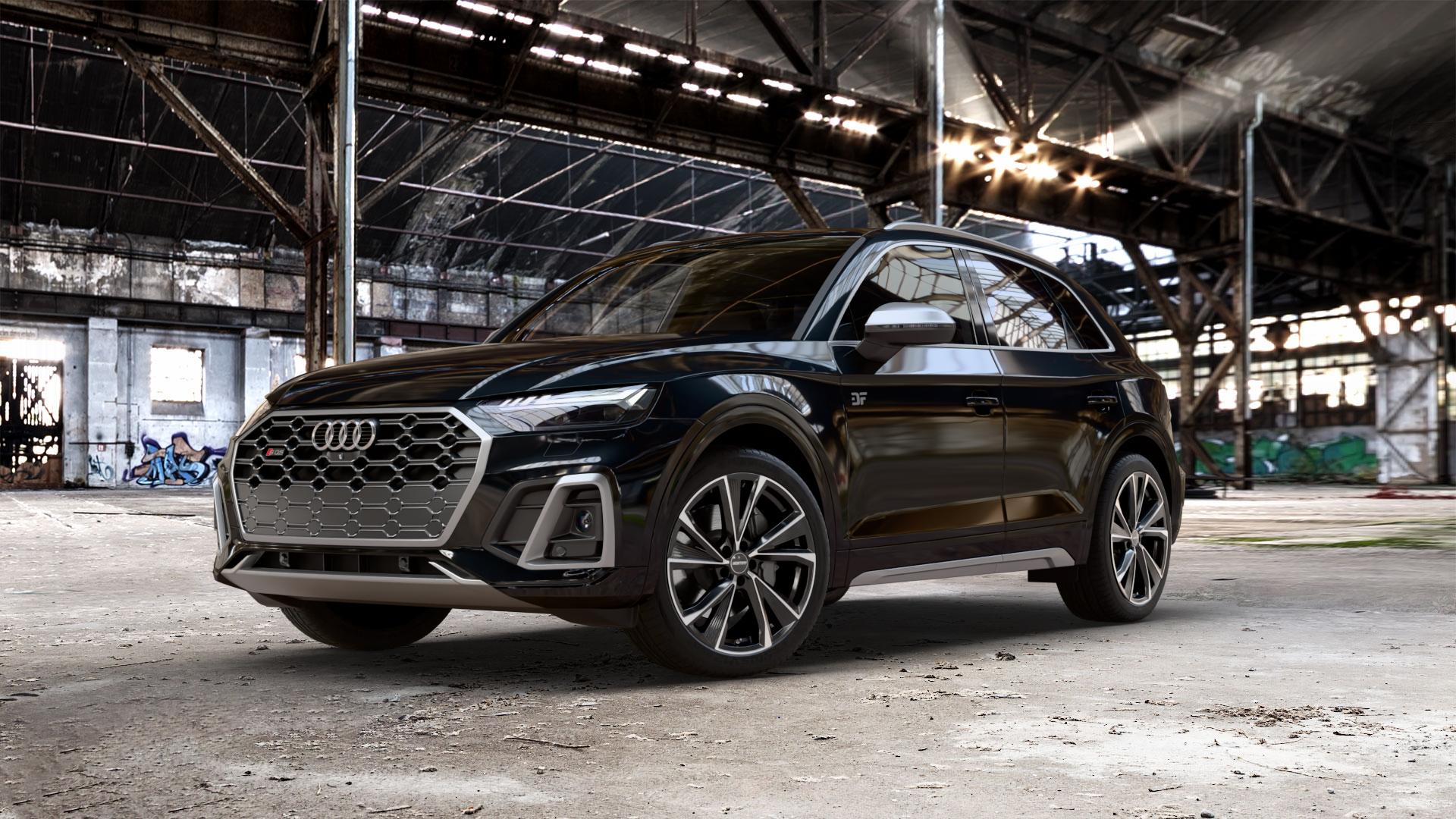 GMP Italia Evento Black Diamond Felge mit Reifen schwarz in 20Zoll Winterfelge Alufelge auf metallic schwarzem Audi Q5 II Typ FY Facelift 3,0l SQ5 TDI quattro 251kW Mild-Hybrid (341 PS) ⬇️ mit 15mm Tieferlegung ⬇️ Old Industrial Hall_max_5300mm_2024 Frontansicht_1