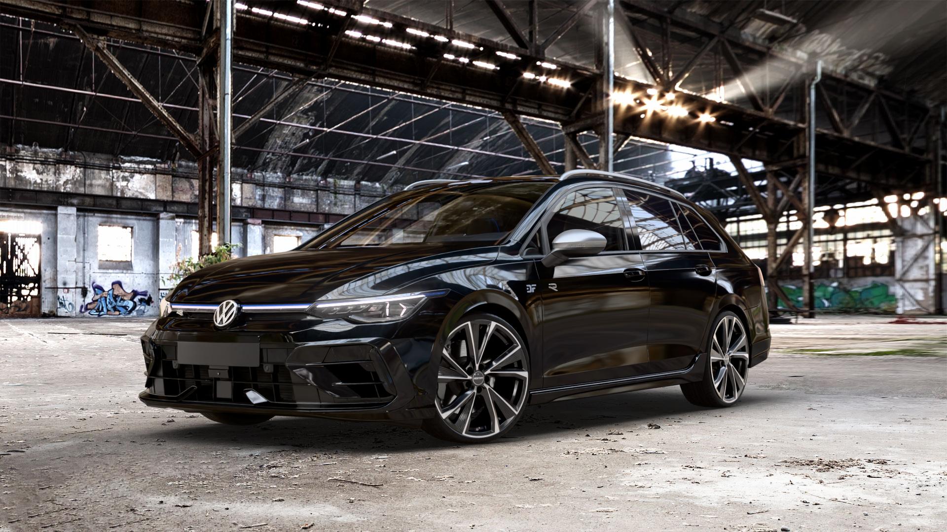 GMP Italia Evento Black Diamond Felge mit Reifen schwarz in 20Zoll Winterfelge Alufelge auf schwarzem Volkswagen (VW) Golf 8 Variant Facelift 2,0l R 4Motion 245kW (333 PS) ⬇️ mit 15mm Tieferlegung ⬇️ Old Industrial Hall_max_5300mm_2024 Frontansicht_1